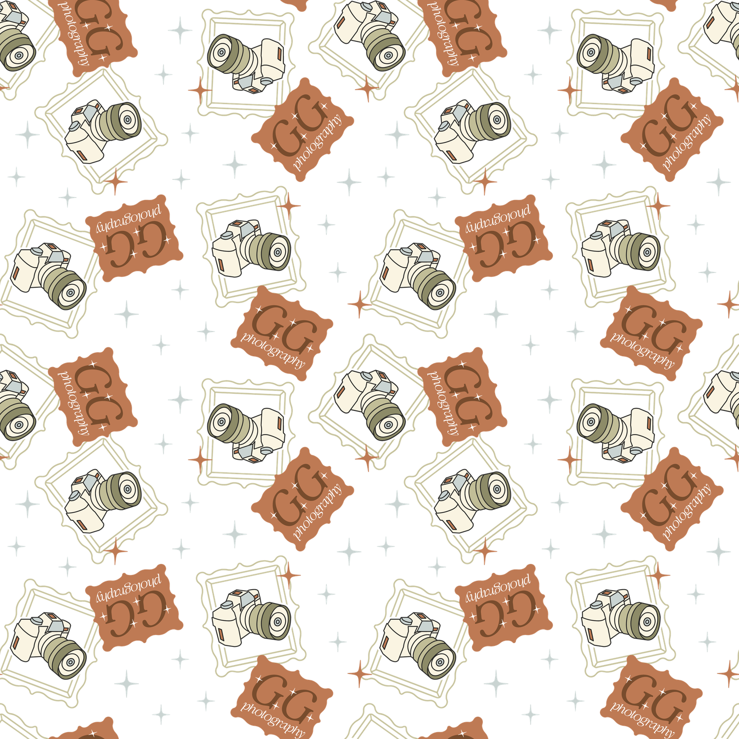 Seamless pattern with vintage cameras and brown photo album pages scattered randomly on white background.