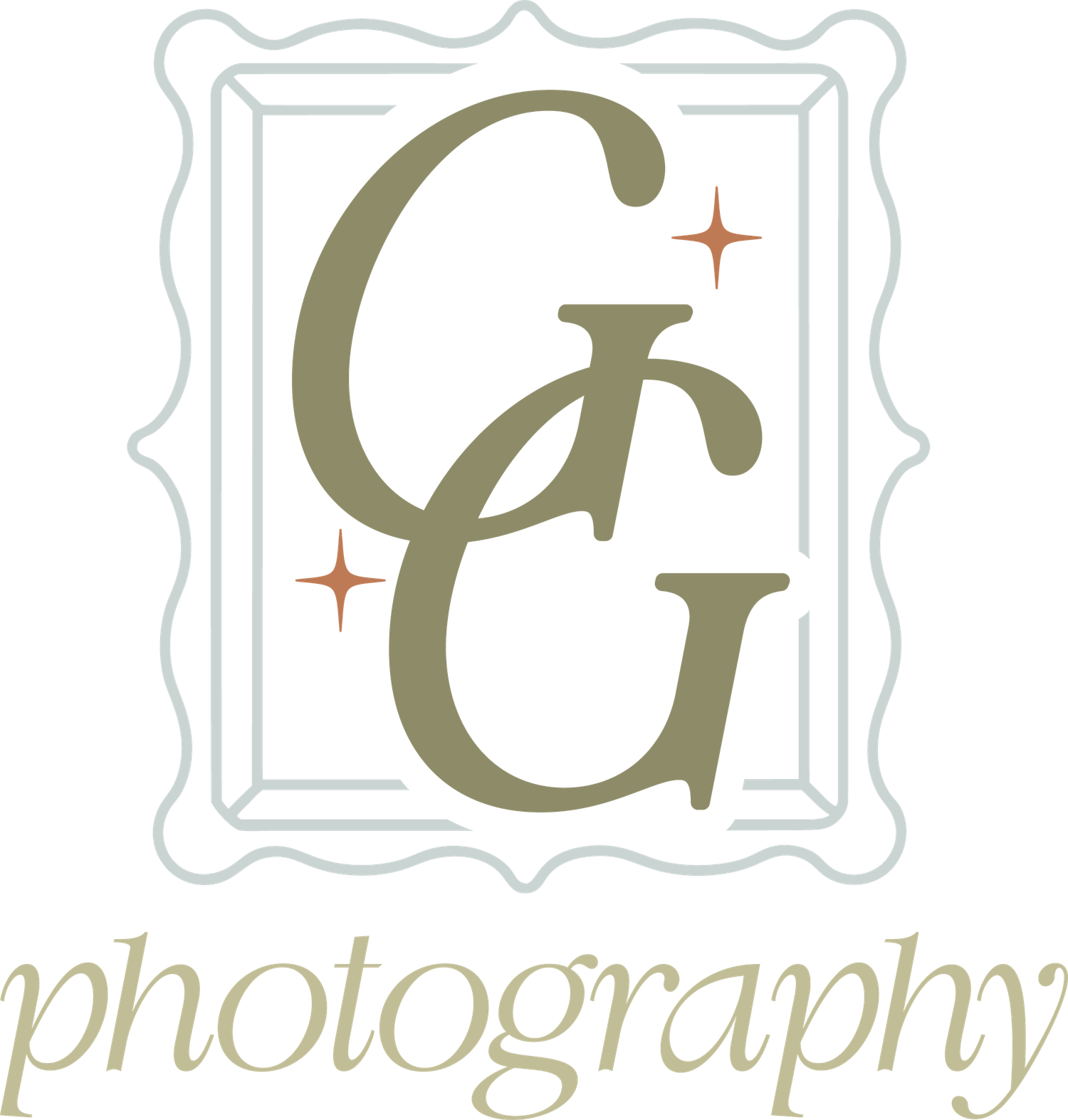 Decorative logo design featuring a stylized letter G in olive green with ornate flourishes and frames.
