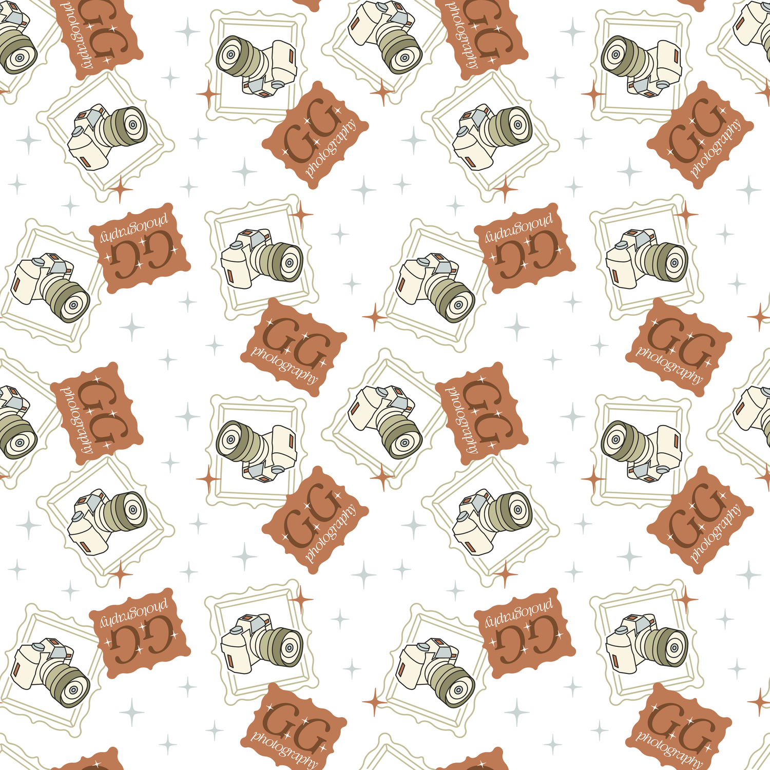 Seamless pattern with vintage cameras and brown photo albums scattered on white background with decorative plus signs.
