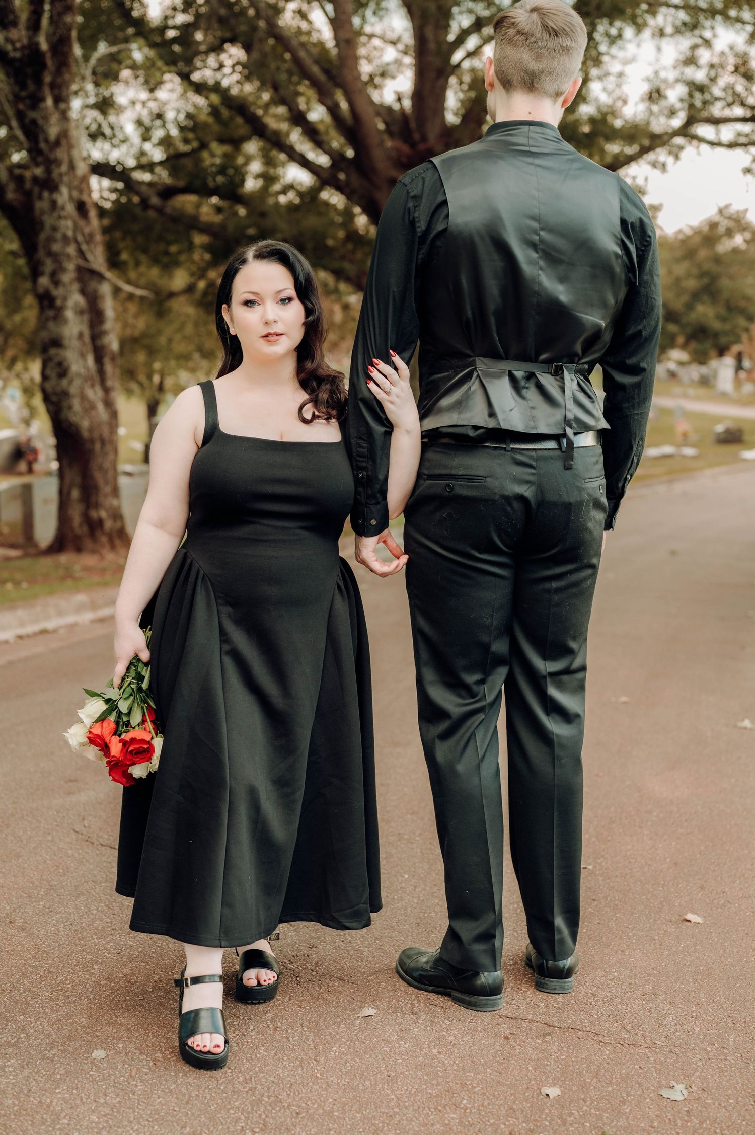 A couple in formal black attire stands together on a tree-lined path in an artistic series of cropped photo compositions.