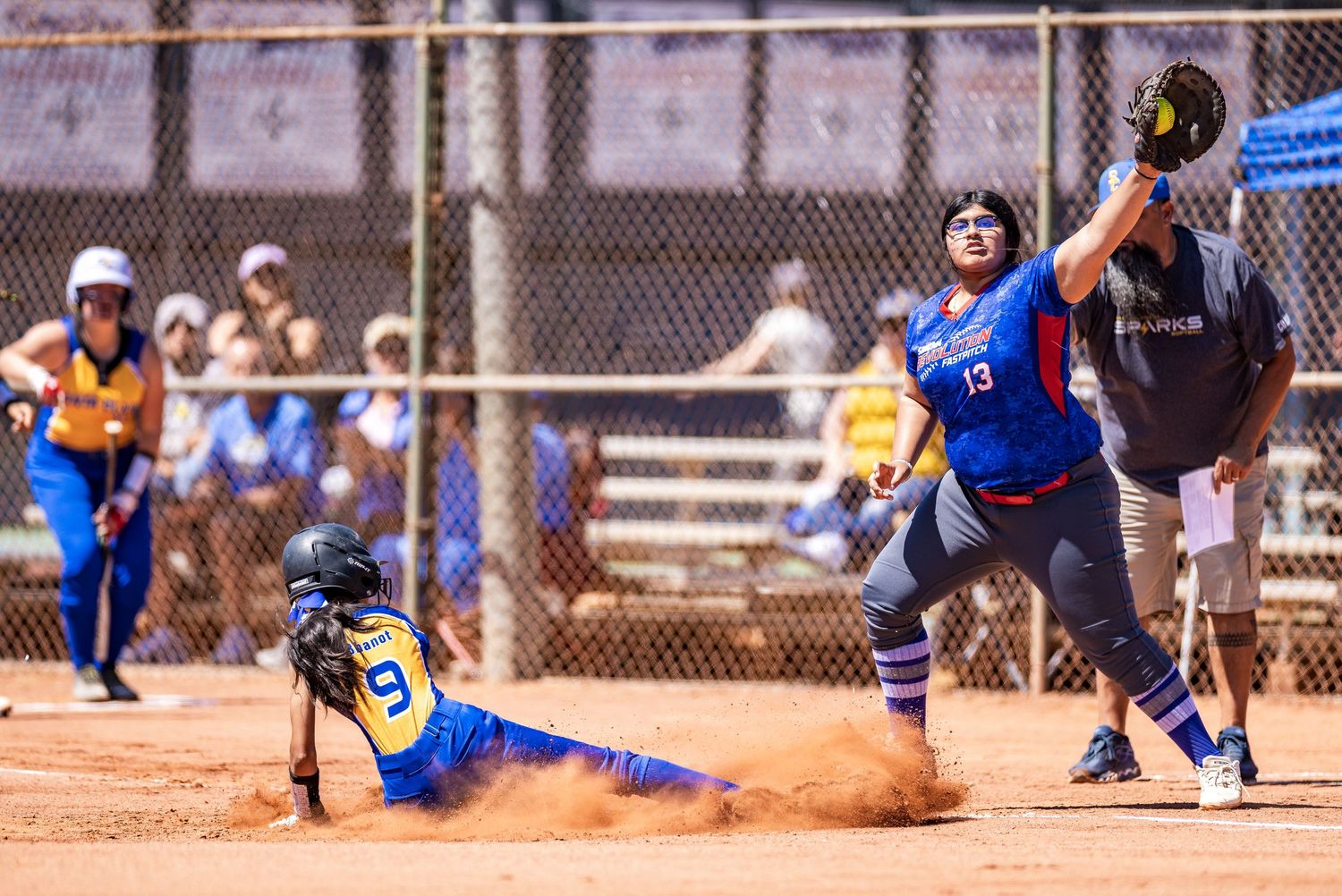 Baseball players in action during a game showing multiple plays at home plate and base running sequences.