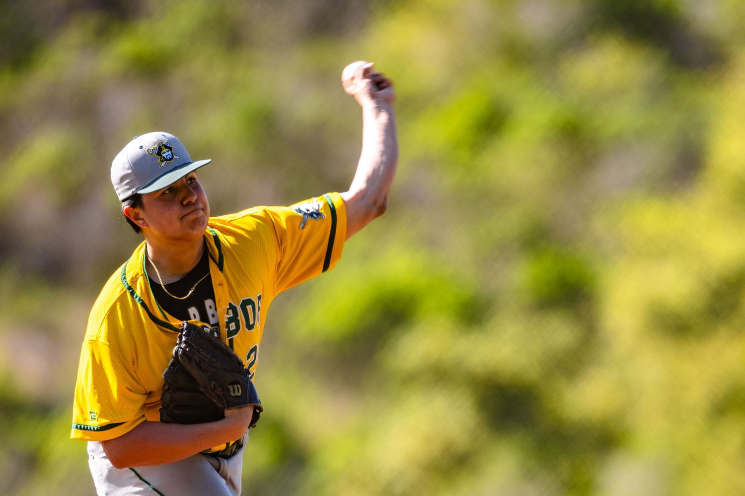 Baseball pitcher in yellow uniform throws pitch with determined form against blurred green background.