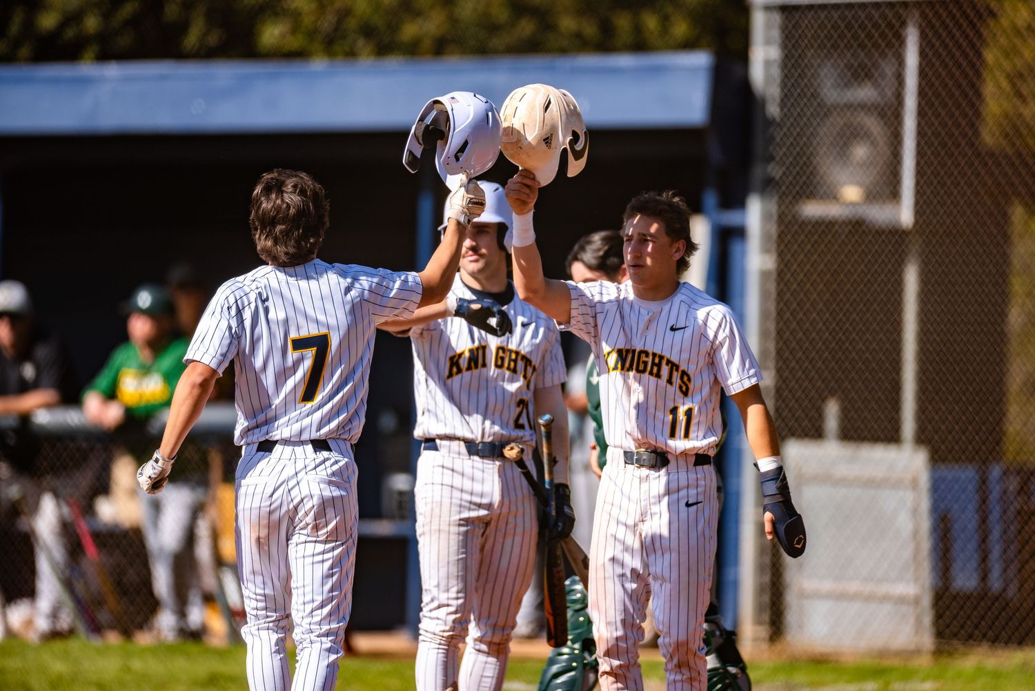 Baseball teammates celebrate on the field by lifting their helmets during a sunny day game.