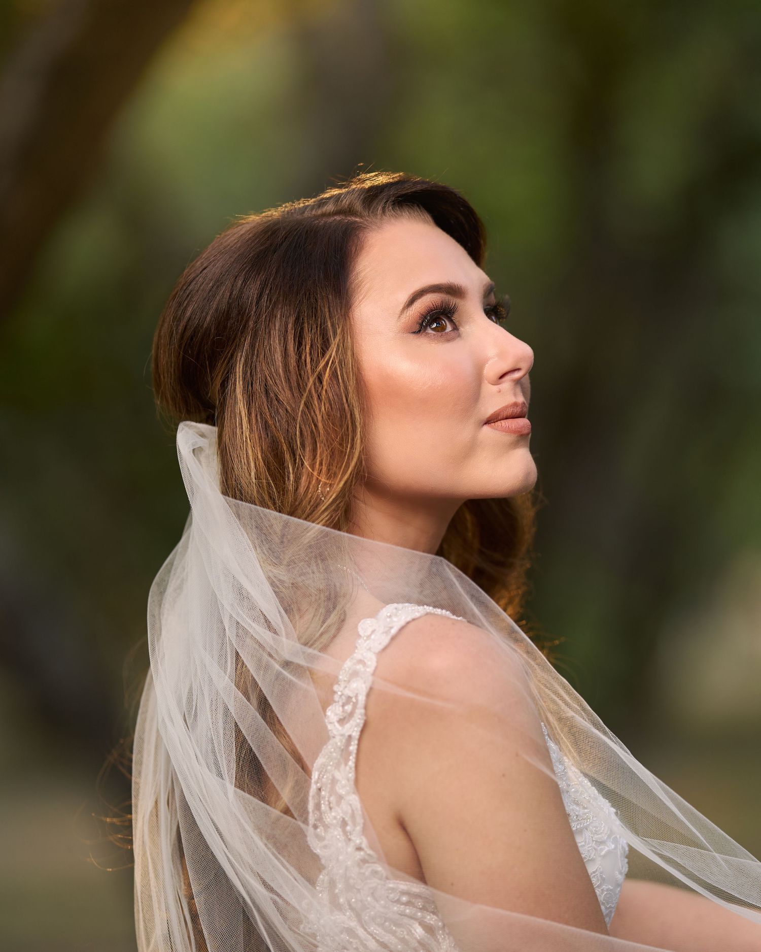 A bride looking up showcasing her veil and beauty.