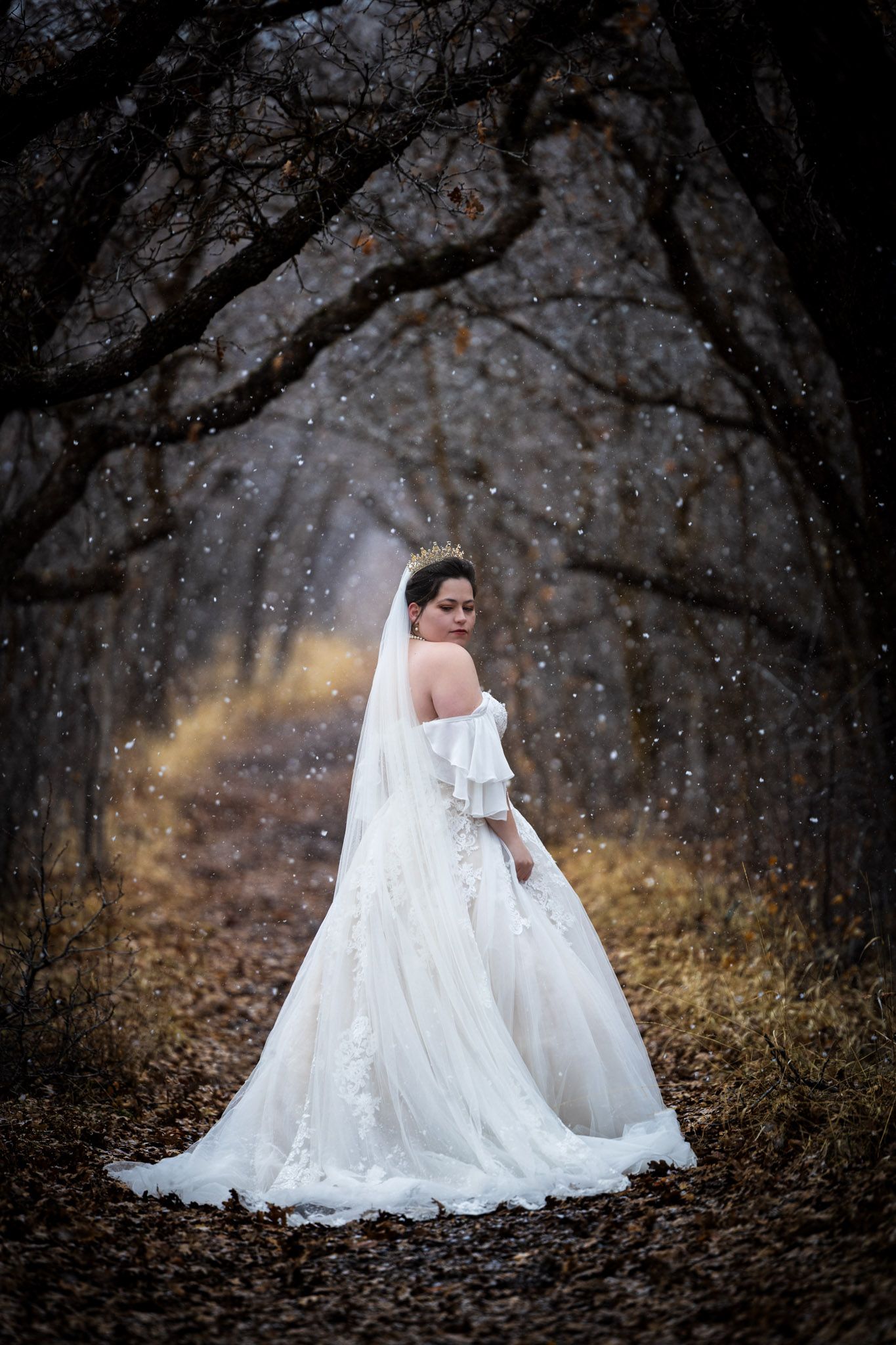 Magical wedding bridal photo with snow falling in the oak tunnel at Red Butte Garden in Salt Lake City, Utah