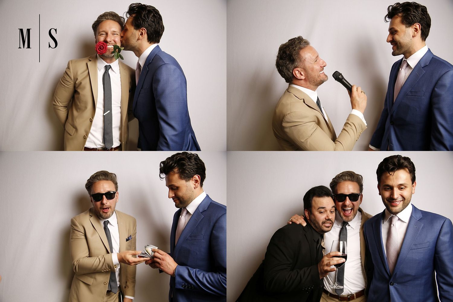 Two people in contrasting suits share playful moments across four candid luxury photo booth style images.