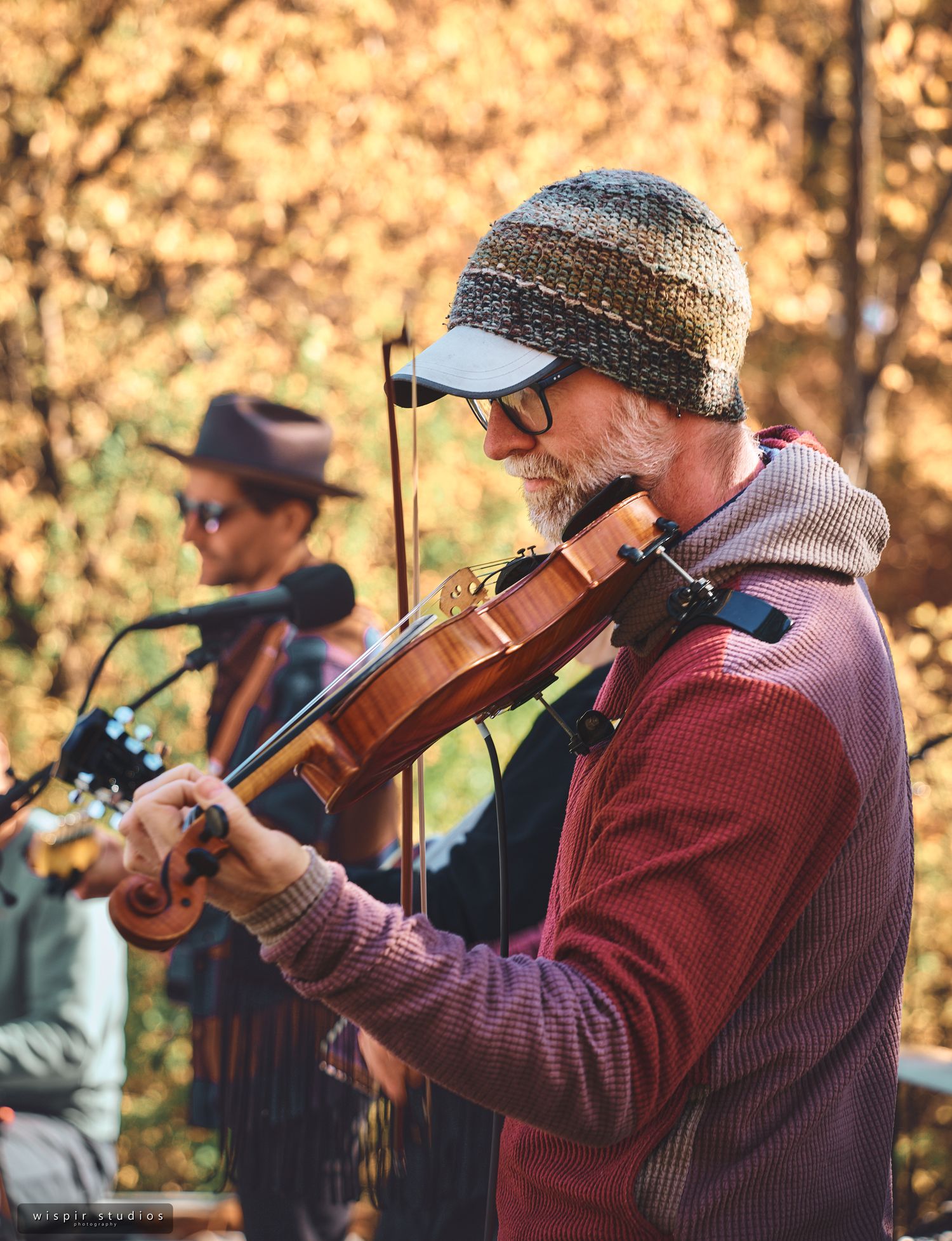 Musicians play string instruments during an outdoor performance in autumn.