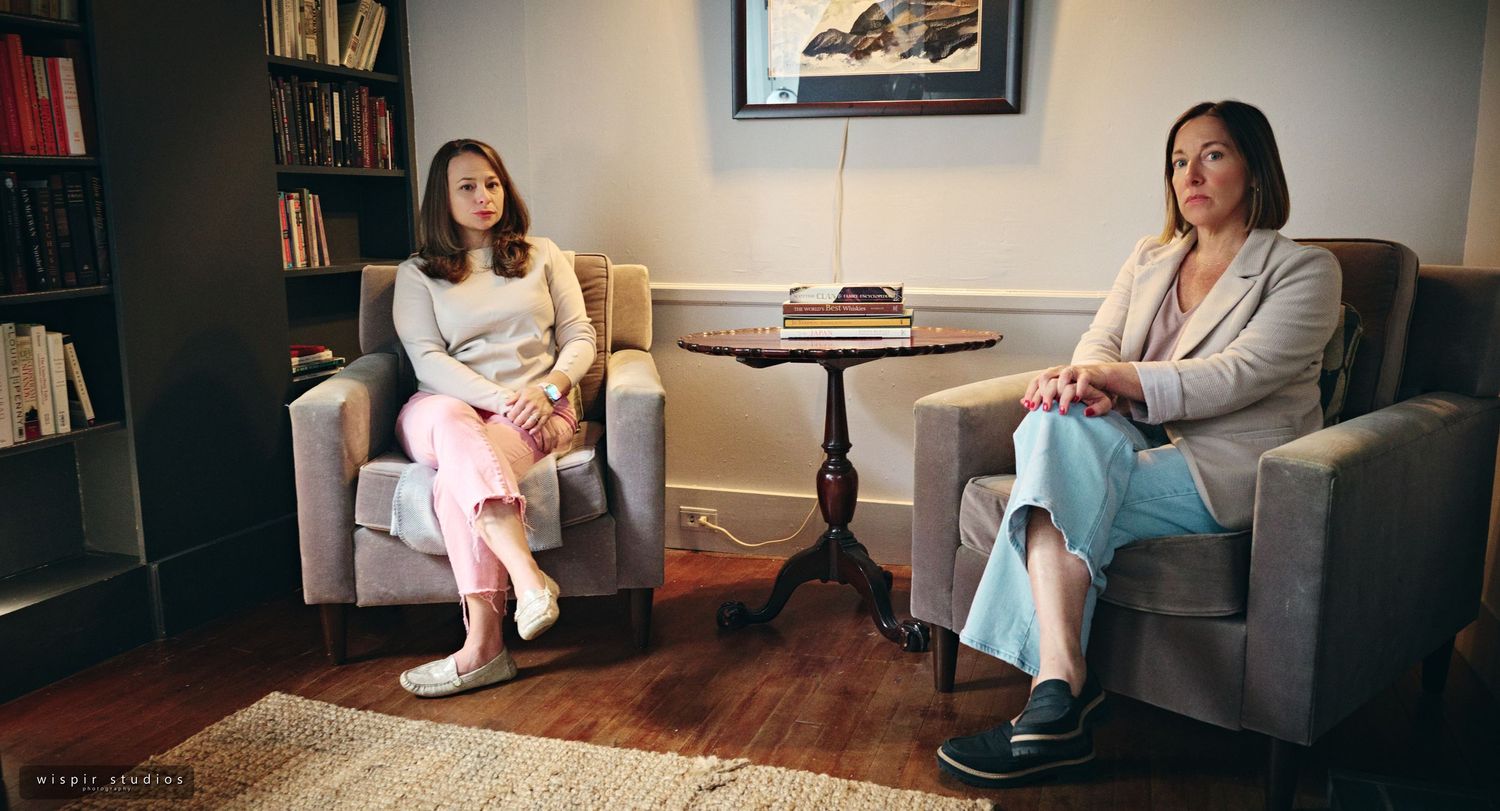 A series of five photos showing different views of people sitting in chairs and on furniture in a home setting.