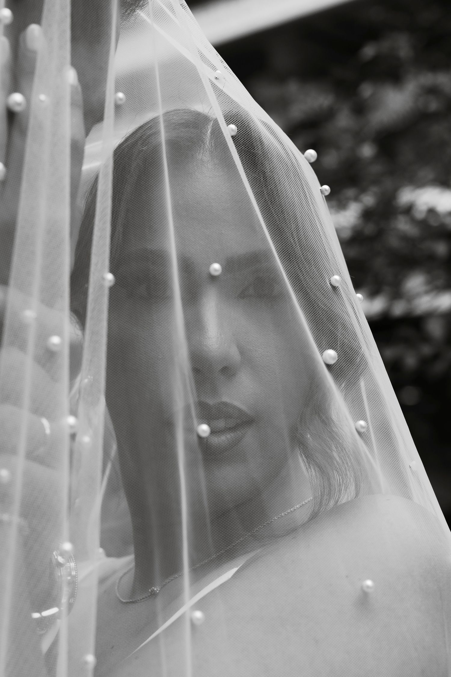 Black and white under the veil bridal portrait