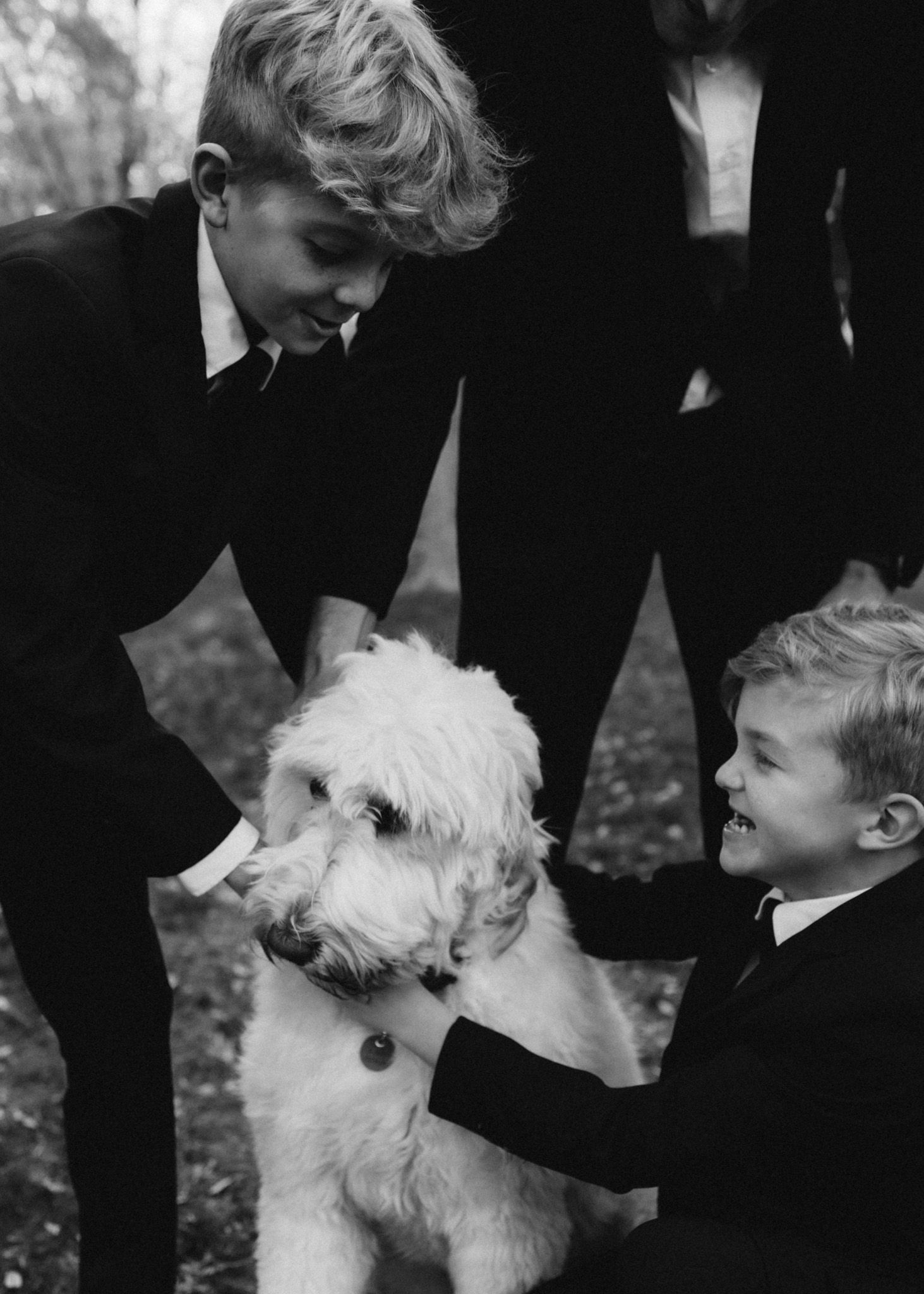 Children interact with a small white fluffy dog in a vintage black and white photograph.