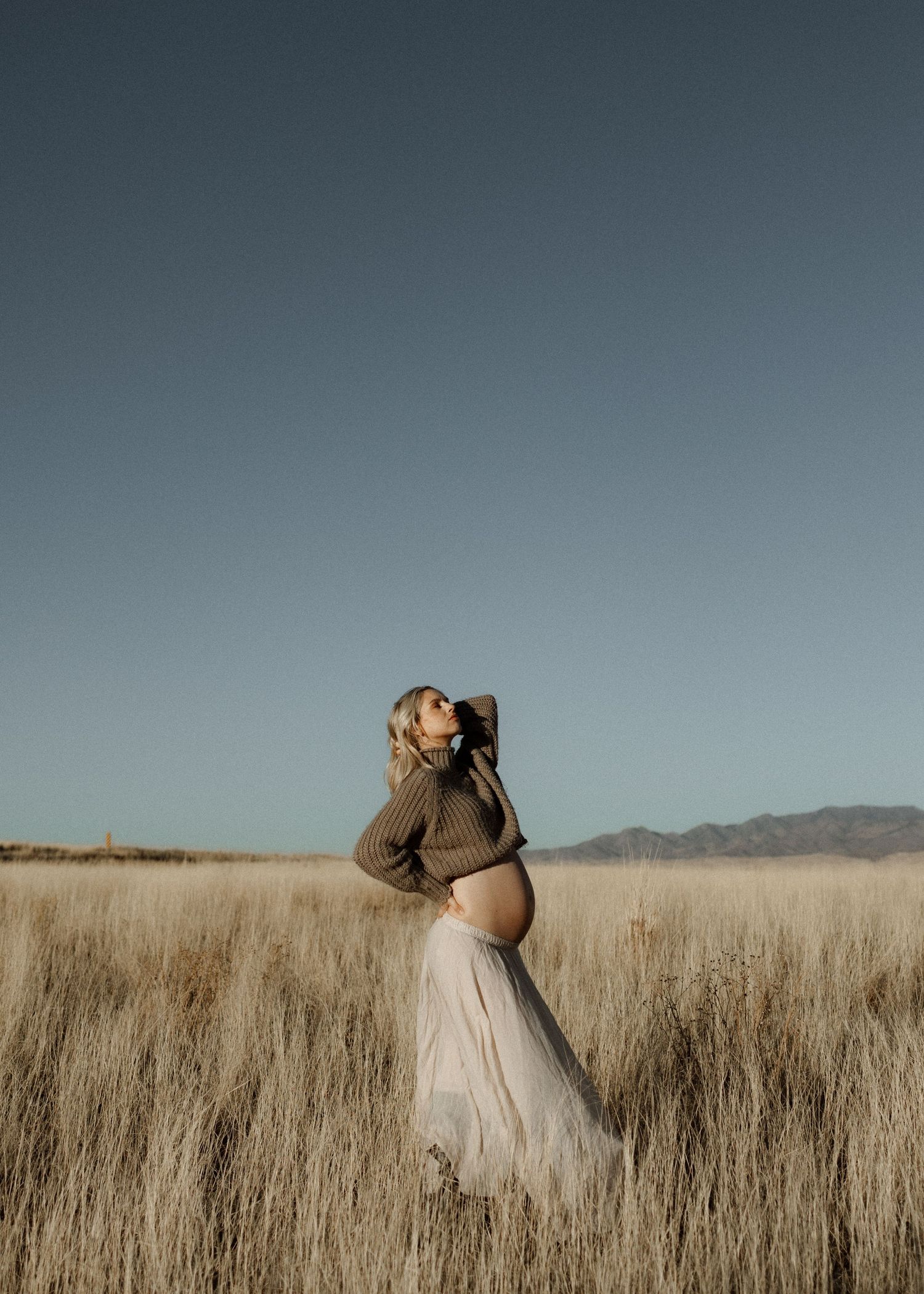 Silhouettes of three people dancing and twirling in a golden field of tall grass at sunset with mountains in the background.