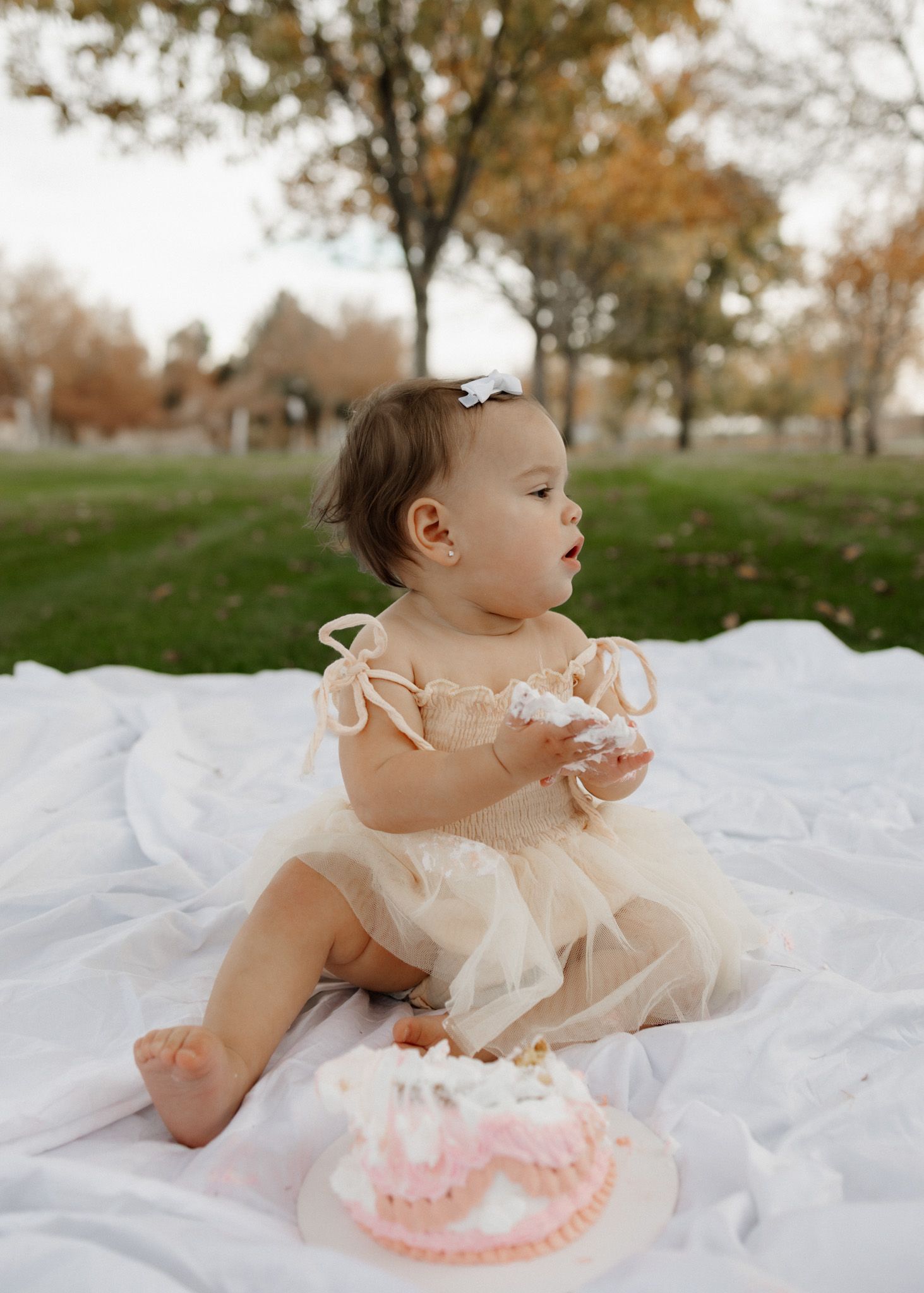 A baby in cream dress sits on white blanket outdoors with pink birthday cake in autumn setting.
