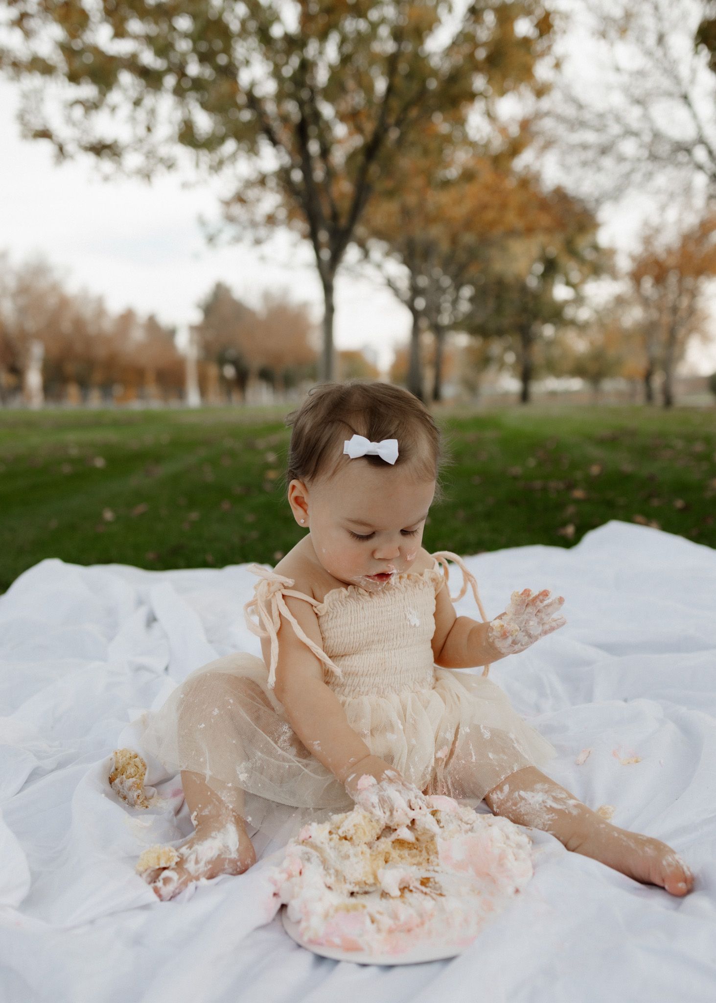 A messy cake smash photo session featuring a baby in cream dress on white blanket outdoors.