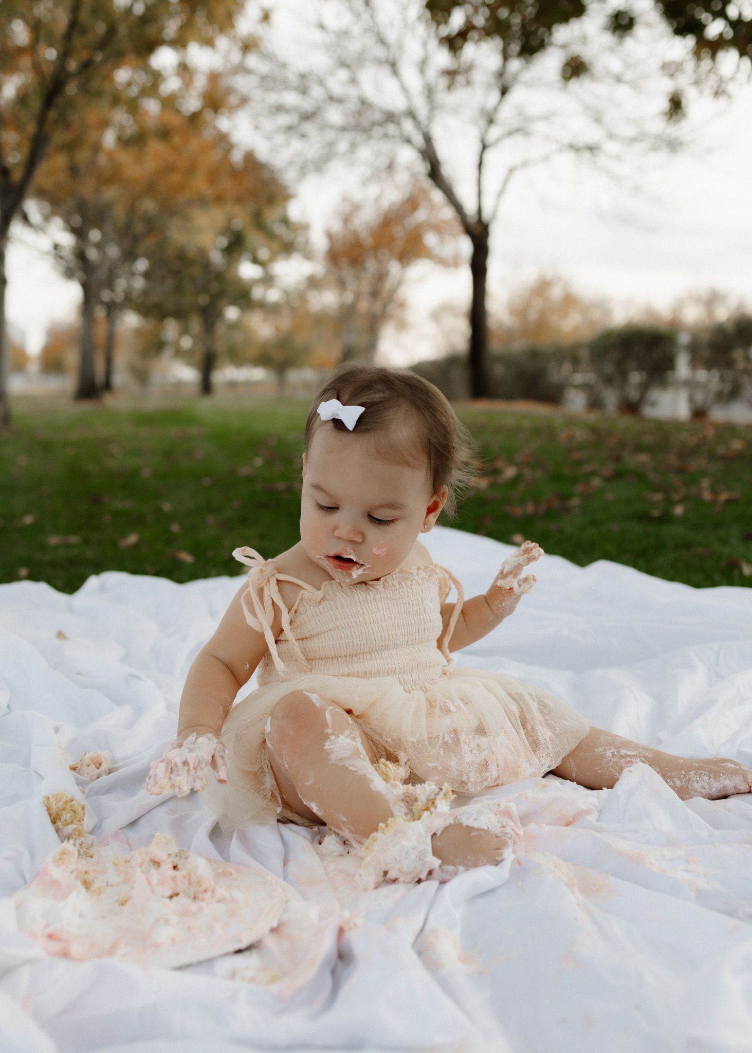 A baby in cream dress plays with smashed cake during outdoor autumn photoshoot.