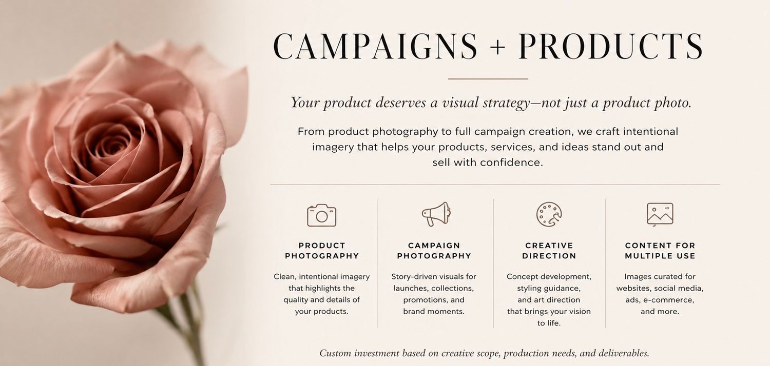 A pink rose beside text promoting campaigns and products photography services with creative direction options.