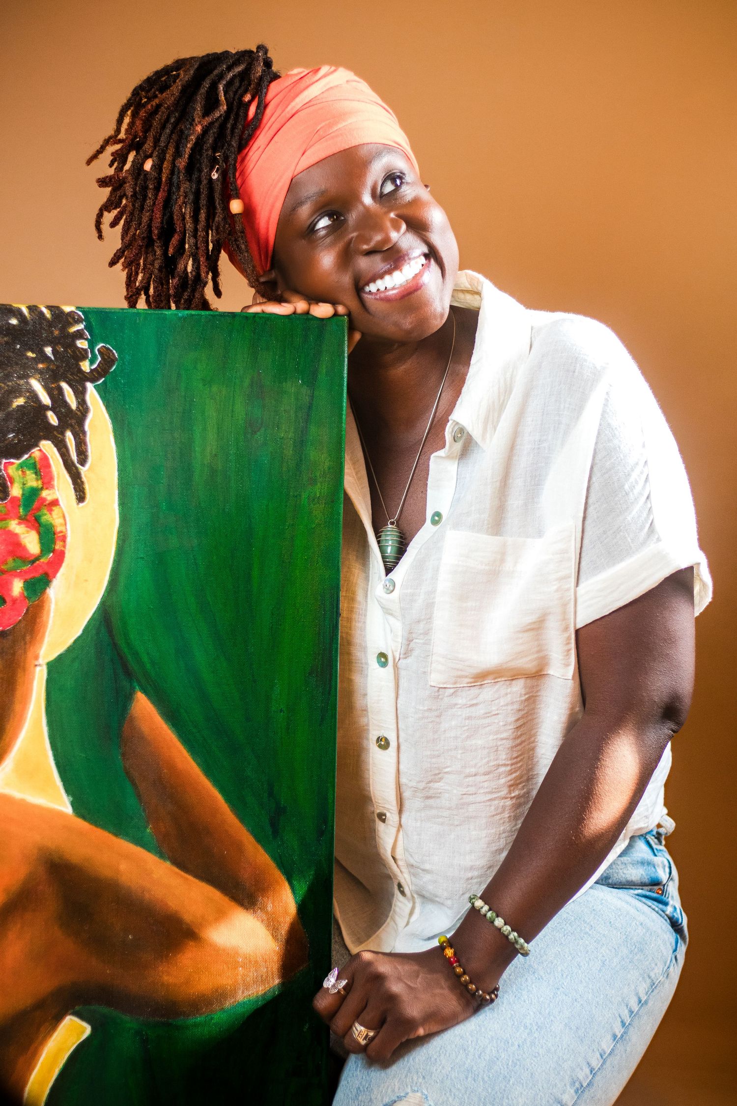A series of expressive portrait photos showing joyful poses against green and orange backgrounds.