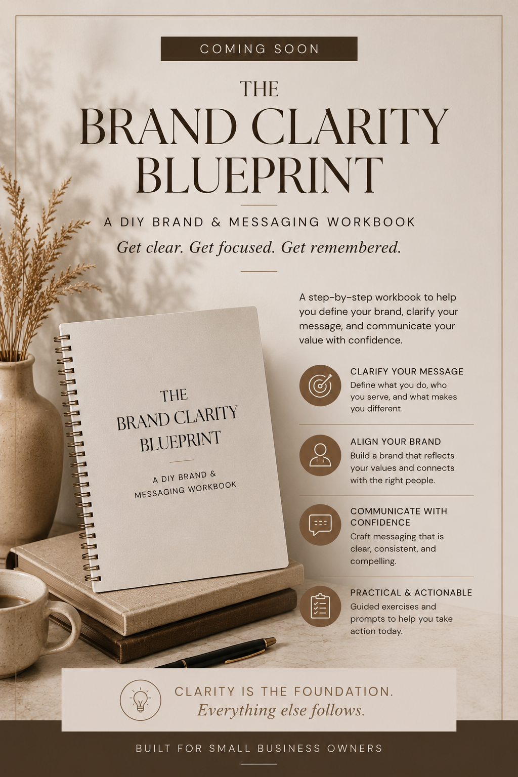 Beige Brand Clarity Blueprint DIY brand and messaging workbook promotional poster for small business owners.