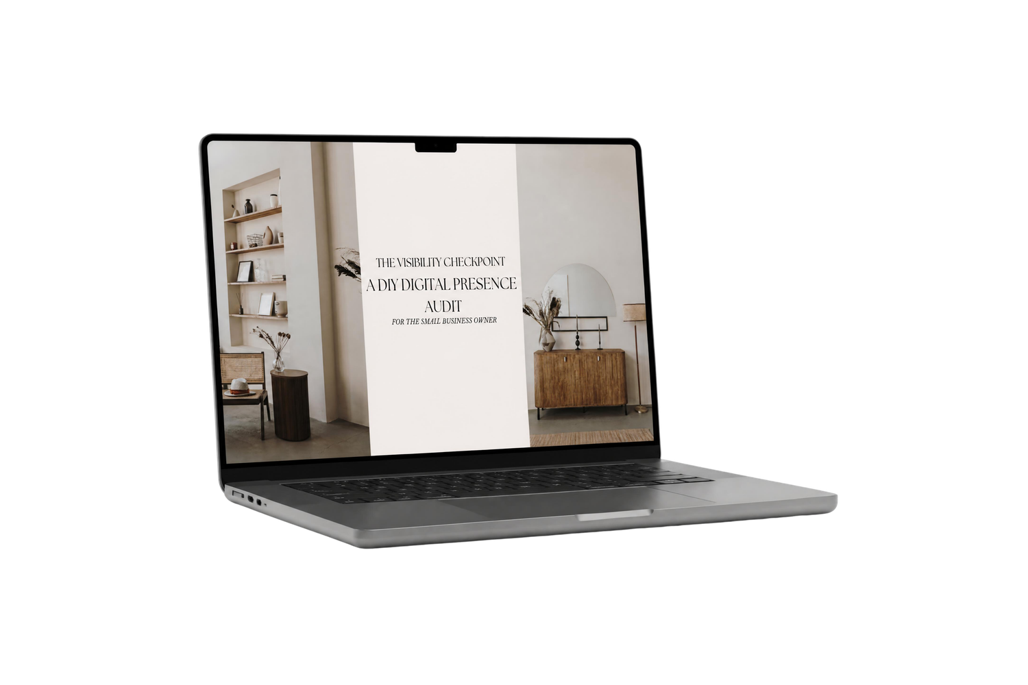 Laptop displaying a minimalist interior design digital presence audit presentation with neutral tones.