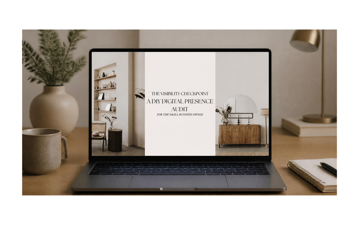 Laptop on a desk displaying a digital presence audit presentation with minimalist home decor in the background.