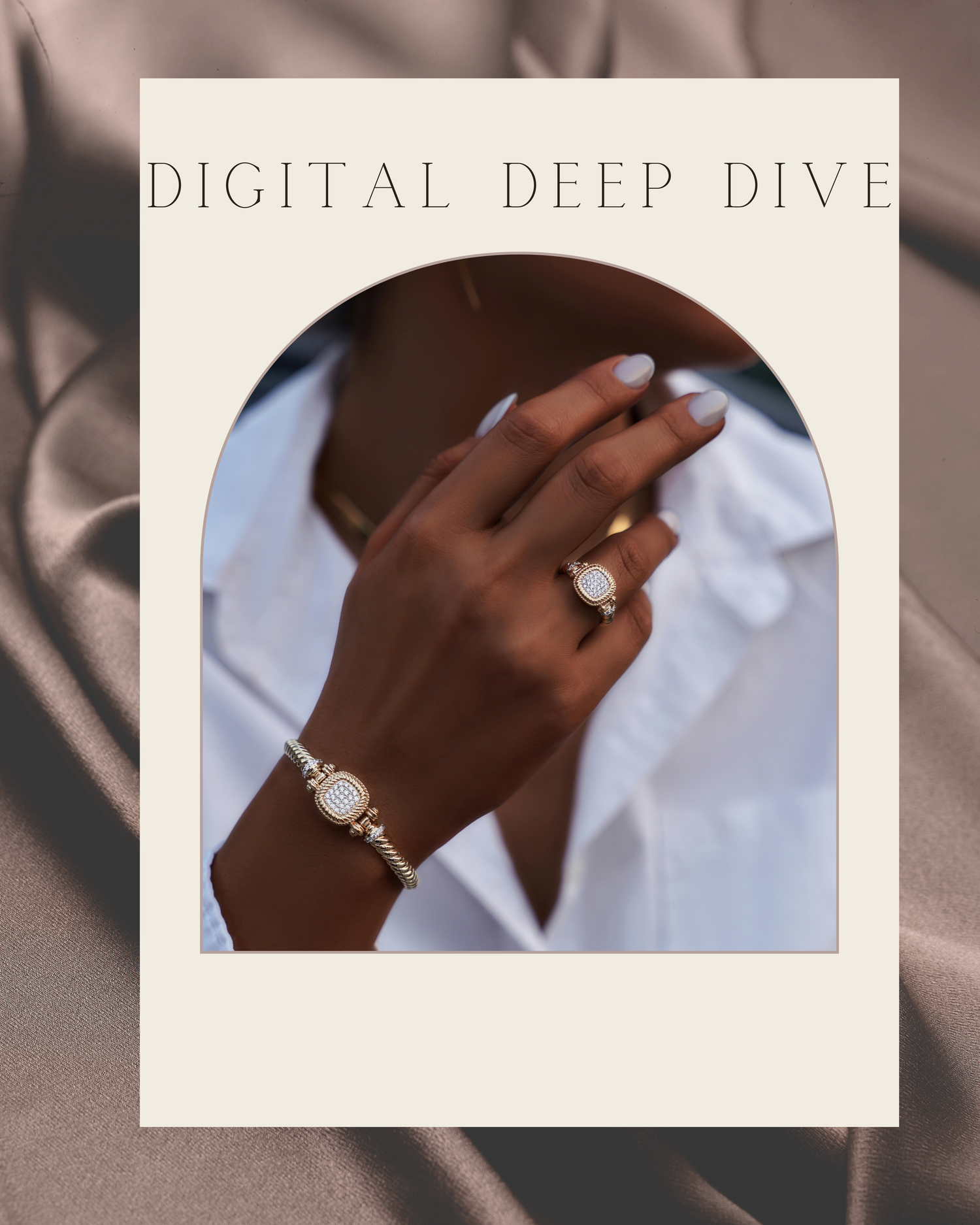 Close-up of a dark-skinned hand adorned with a diamond ring and bracelet, wearing a white shirt, with text Digital Deep Dive.