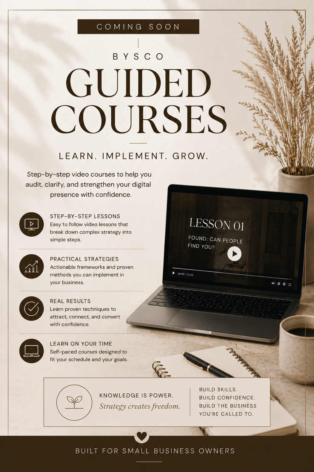 Bysco Guided Courses promotional flyer featuring a laptop displaying Lesson 01, targeting small business owners.