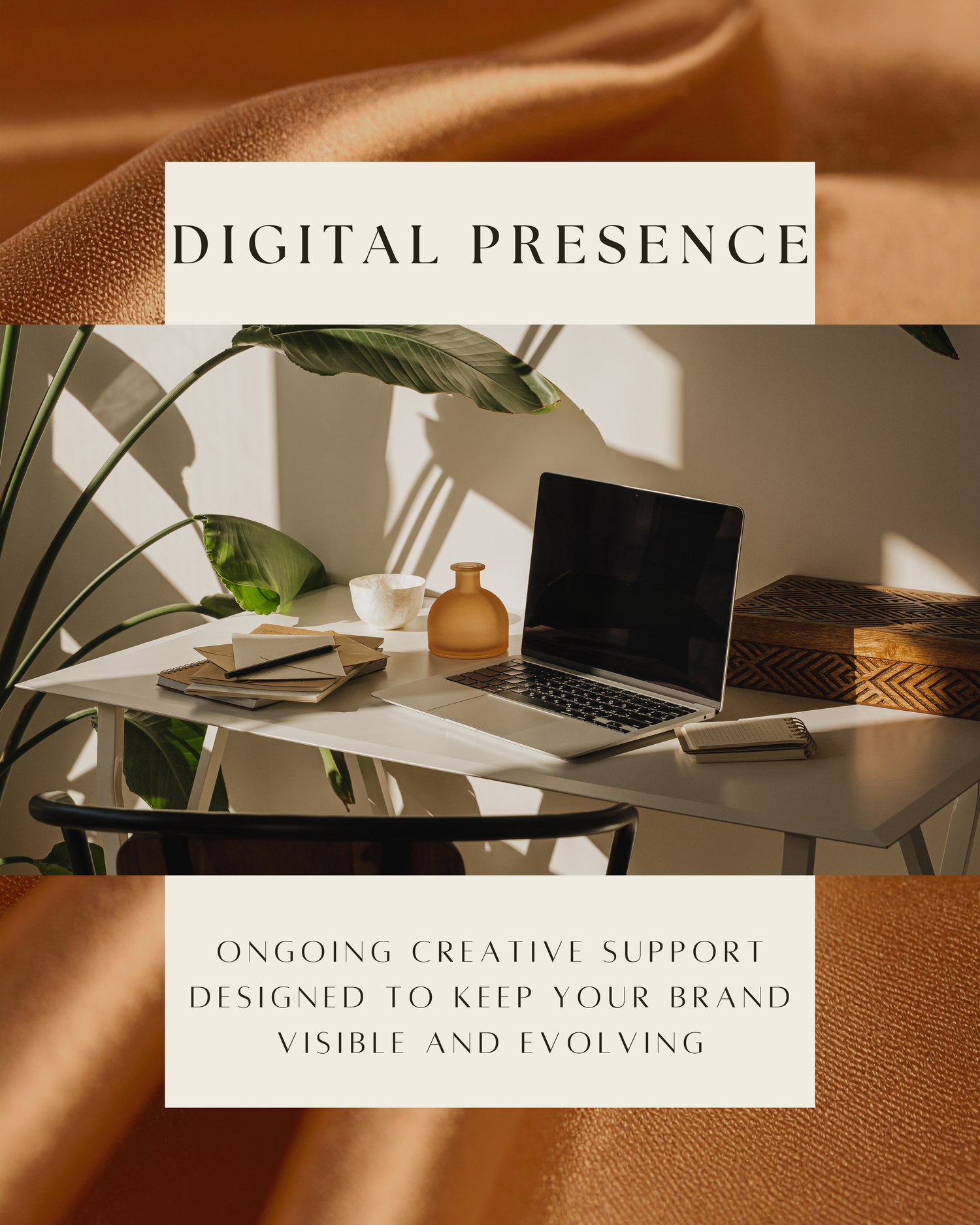 Elegant home office workspace with laptop, plants, and warm tones promoting digital presence and ongoing creative brand support.