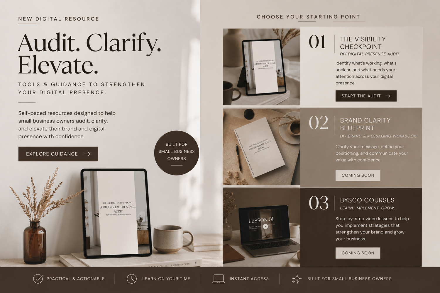 Elegant digital marketing audit toolkit with neutral tones, featuring tools and guidance for small business brand elevation.