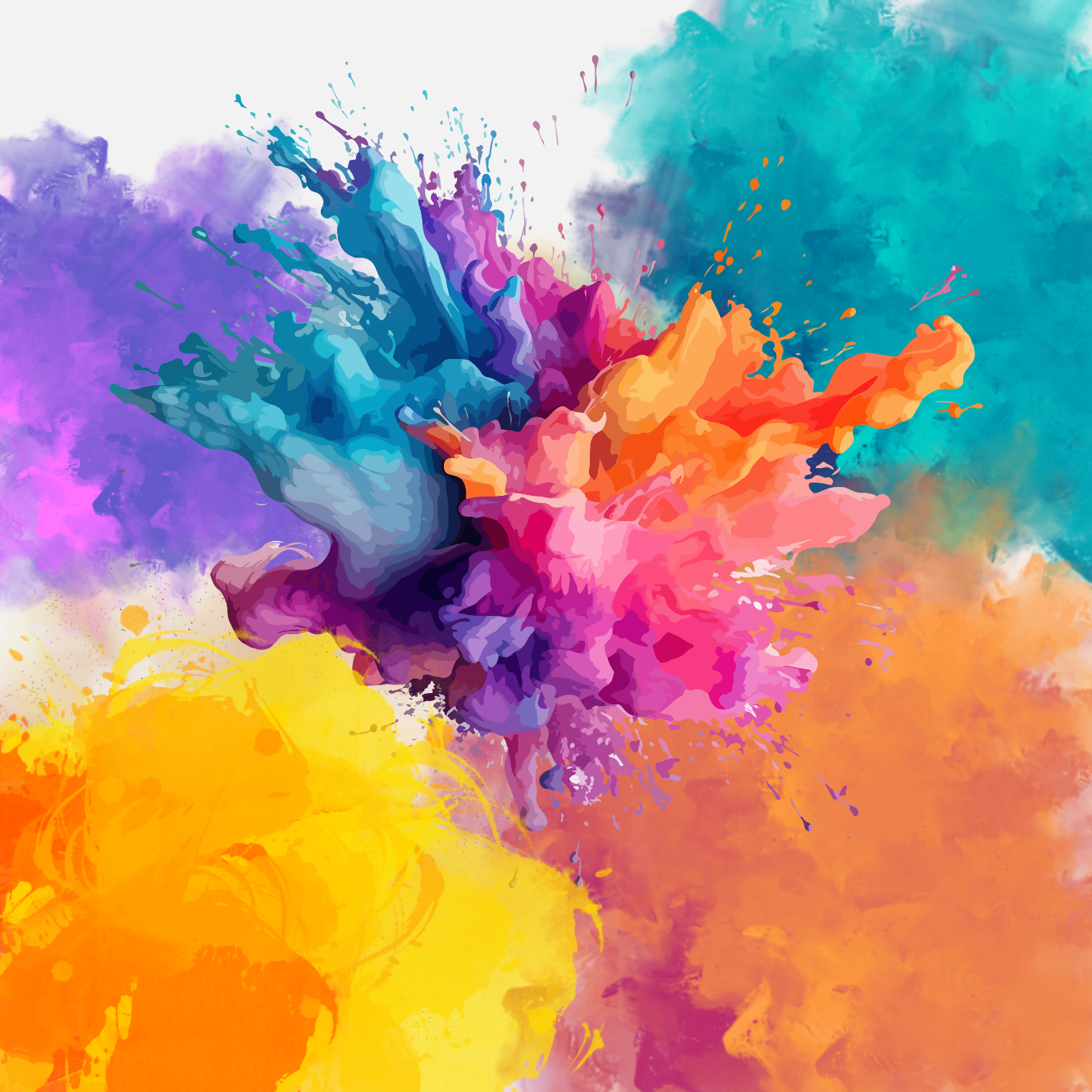 Vibrant splash of colorful paint with turquoise, purple, orange and yellow watercolors blending together in an abstract burst.