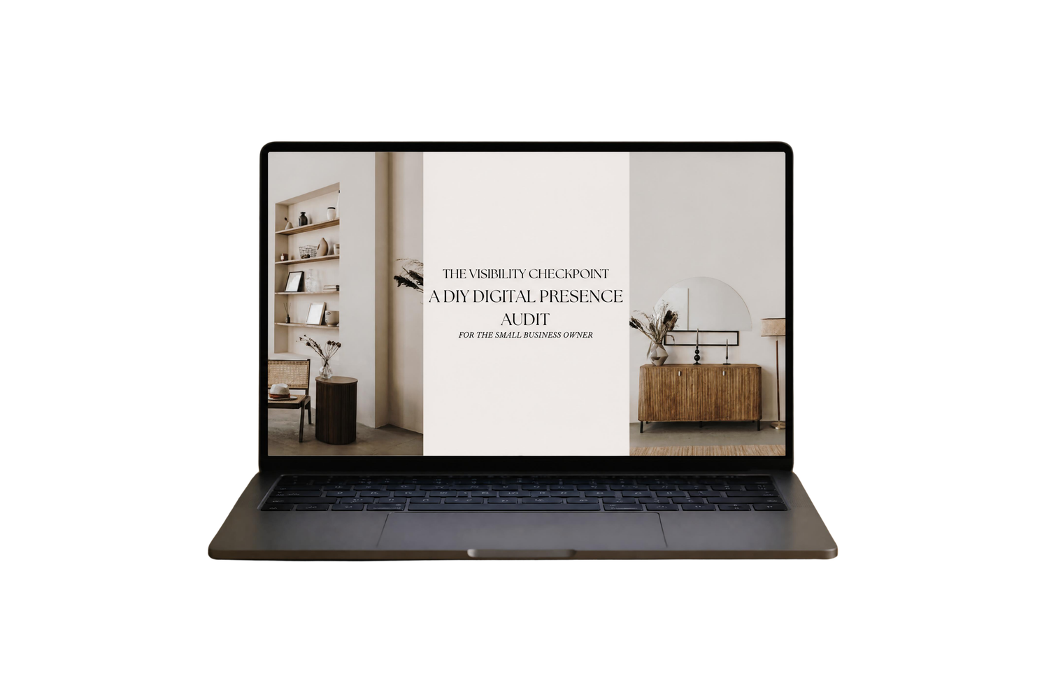 Laptop displaying a digital presence audit guide with elegant interior design aesthetic in neutral tones.