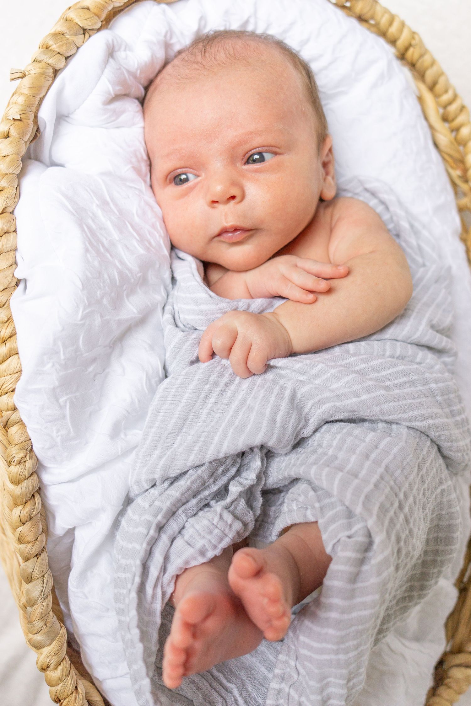 Alert newborn baby lying in woven basket wrapped in soft gray fabric.