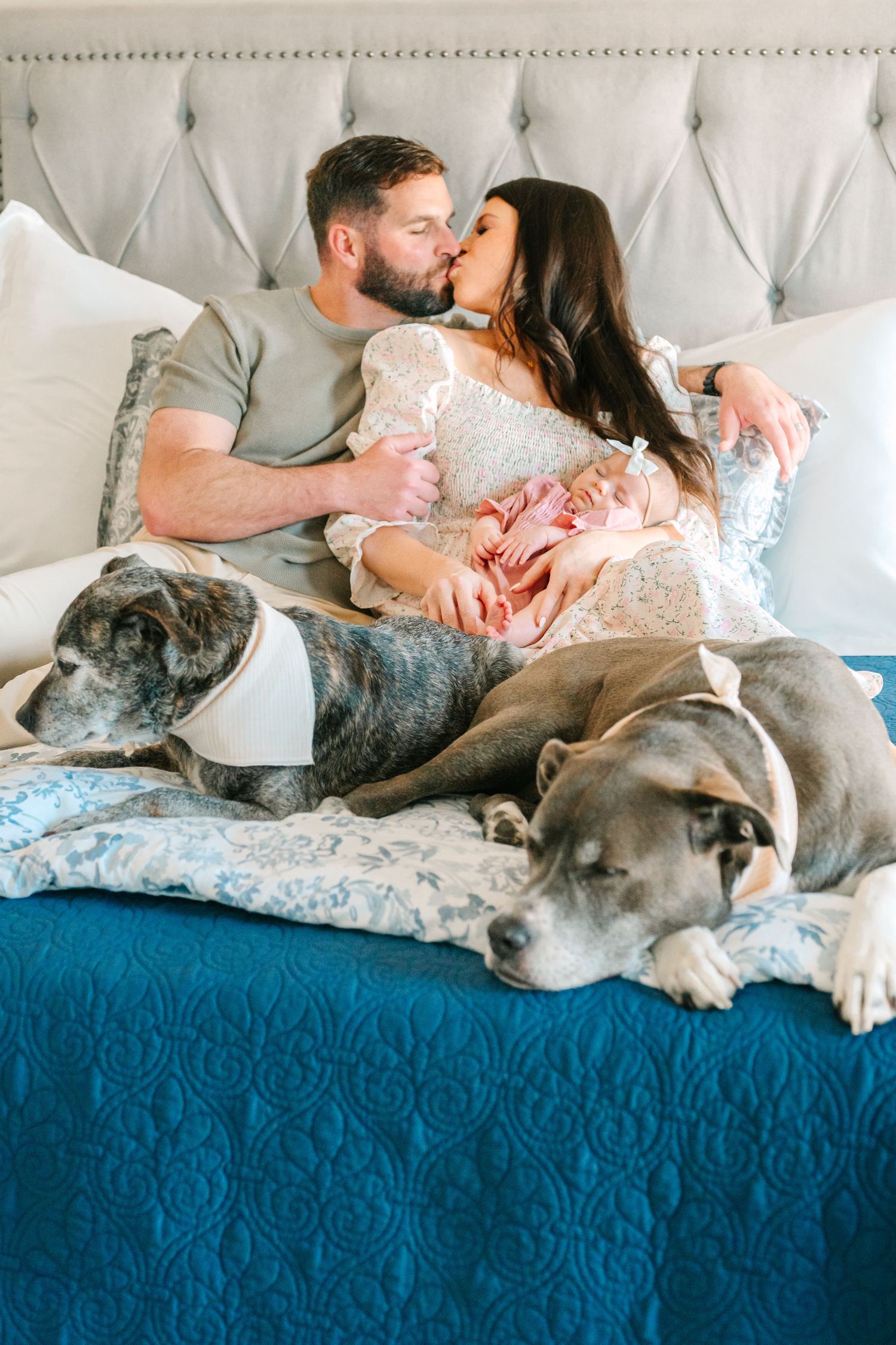 A couple shares an intimate moment on a bed with two large gray dogs resting at their feet on a blue quilted blanket.