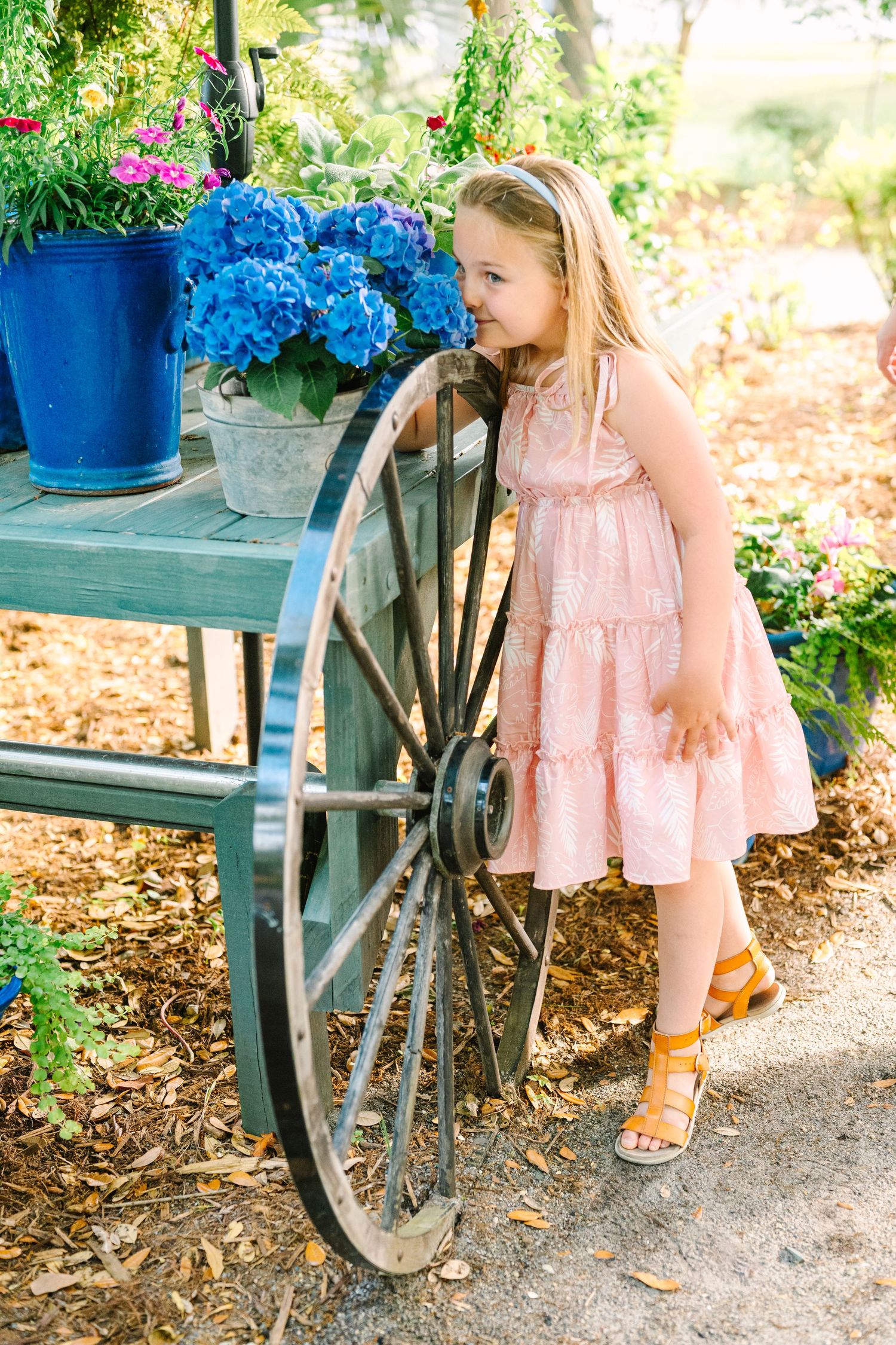 A young child in a pink tiered dress explores a garden display with blue hydrangeas and an antique wagon wheel.