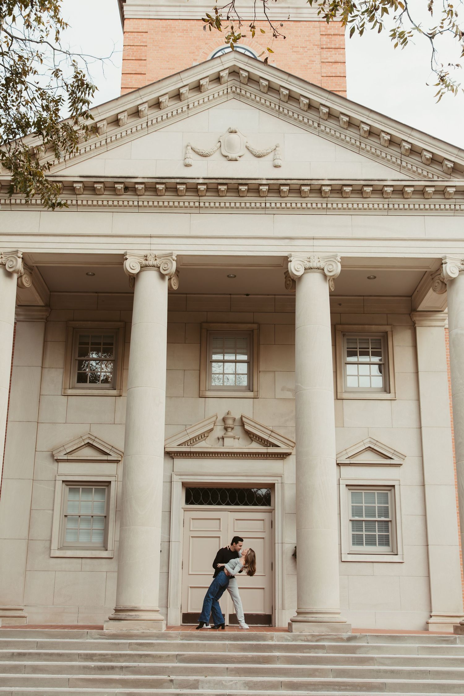 Series of photos showing a couple in front of a grand neoclassical building with white columns. engagement photos Fort Worth