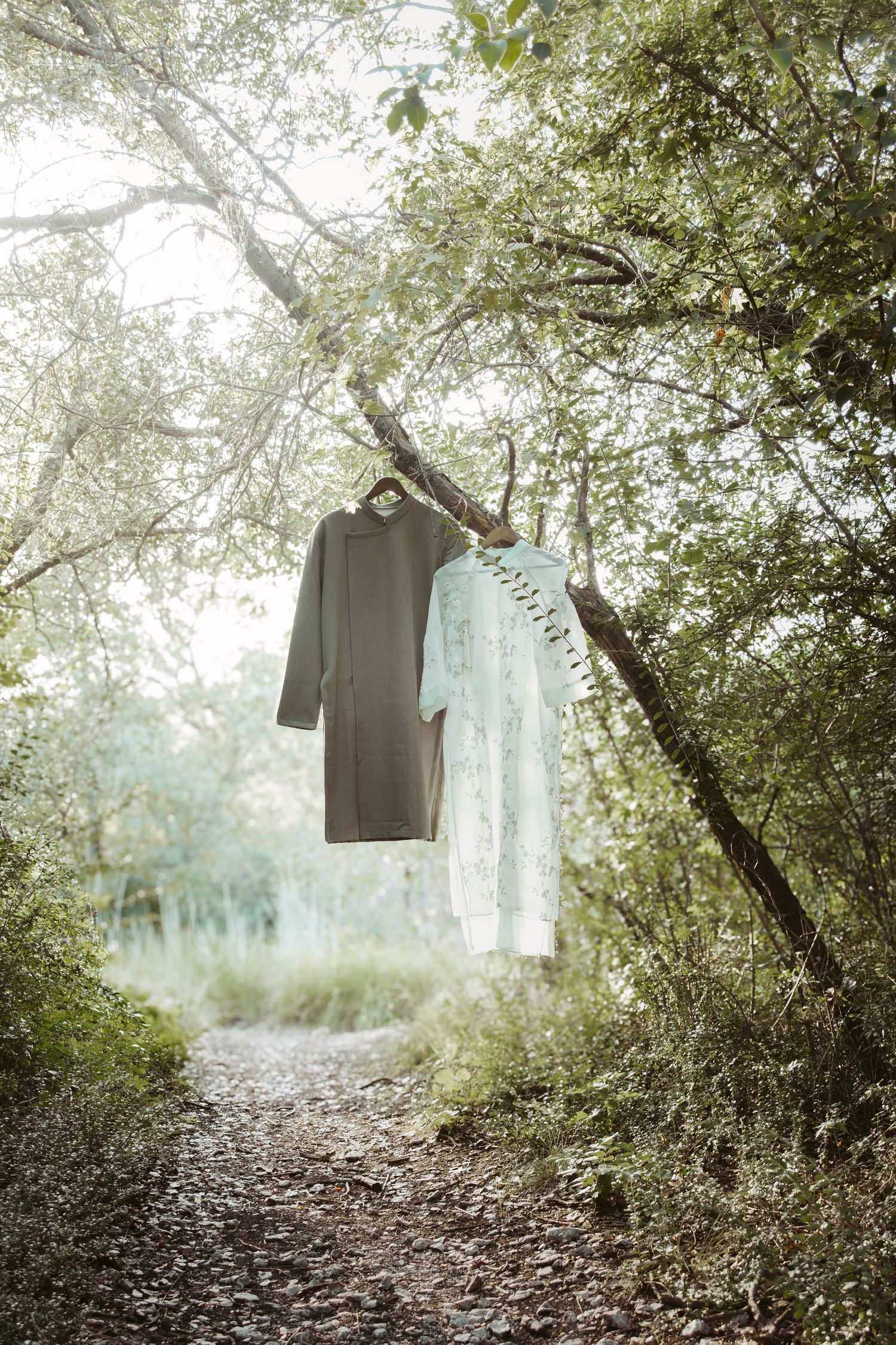 Two dresses hanging from tree branches on a misty forest path creating an ethereal outdoor scene.