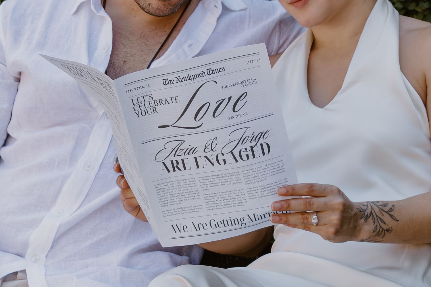 A collage of hands holding wedding invitations and save the date cards in elegant script typography.