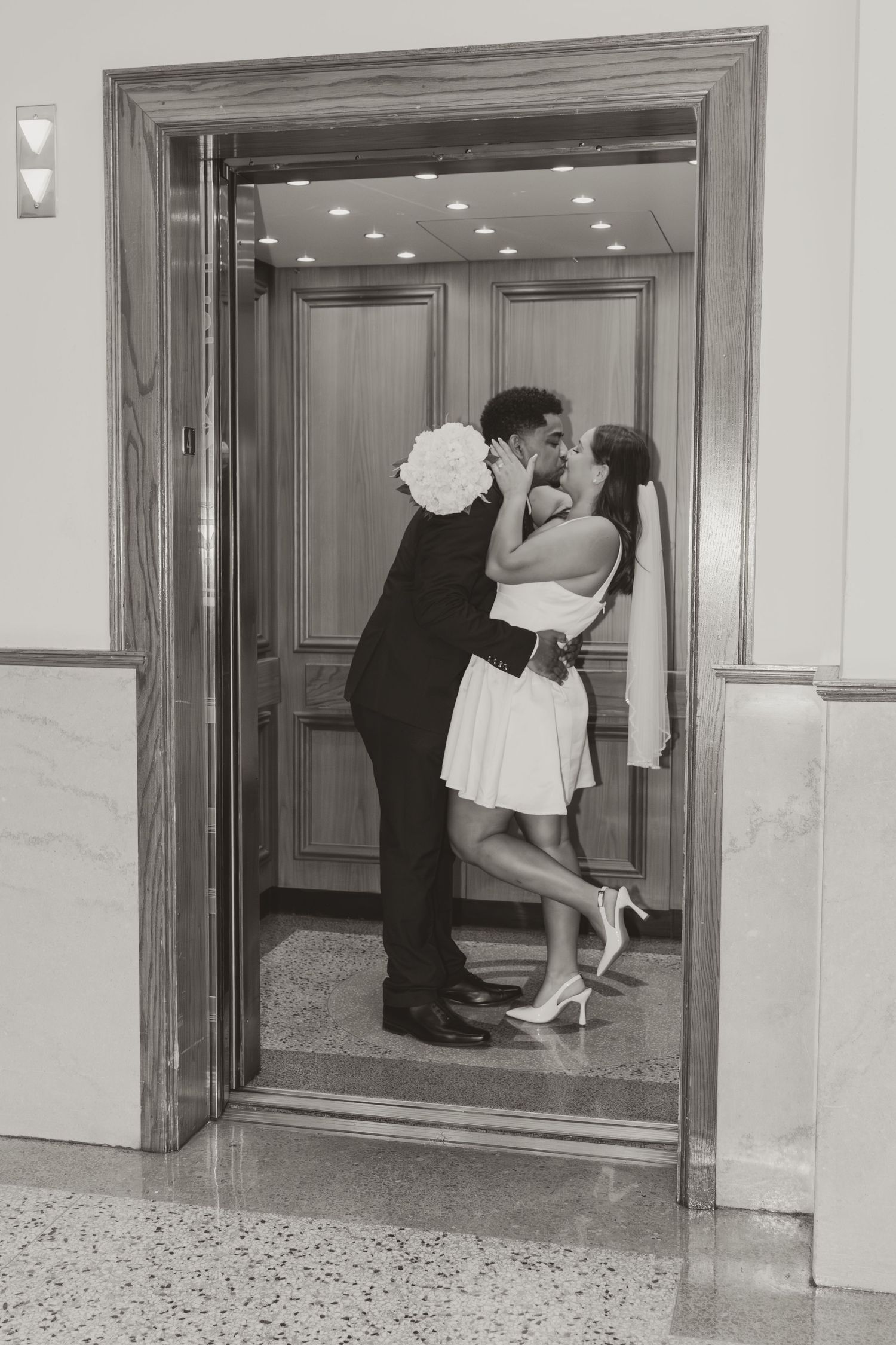 A sequence of wedding photos showing a couple's romantic moments in an elegant indoor hallway setting. Wedding Photographer DFW