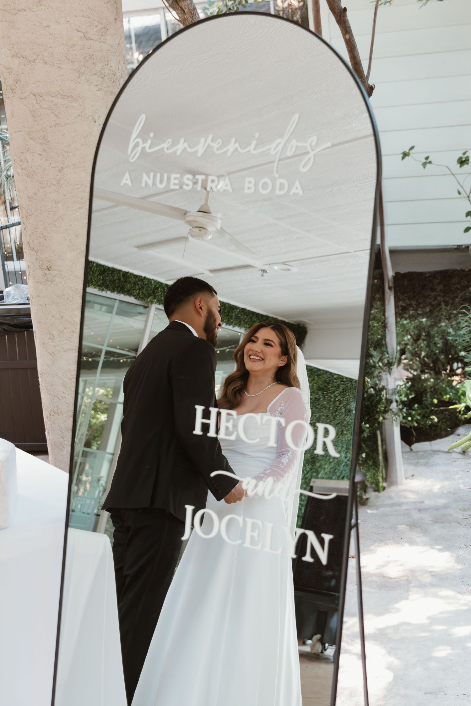 A photographic filmstrip showing elegant wedding moments with white decor and text overlays.