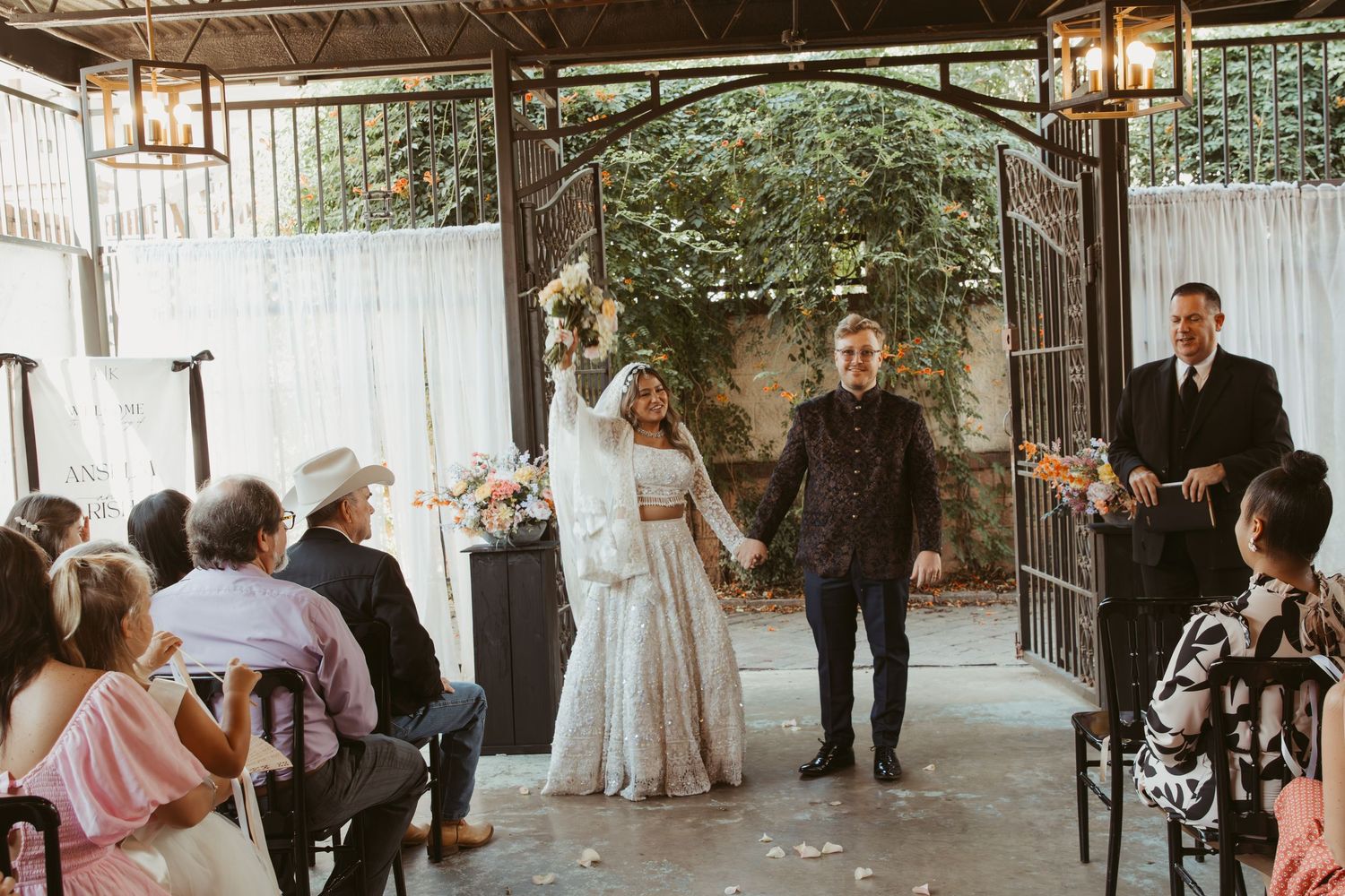 A collage of wedding ceremony moments showing guests mingling and dancing at an outdoor reception venue. Wedding Photographer DFW