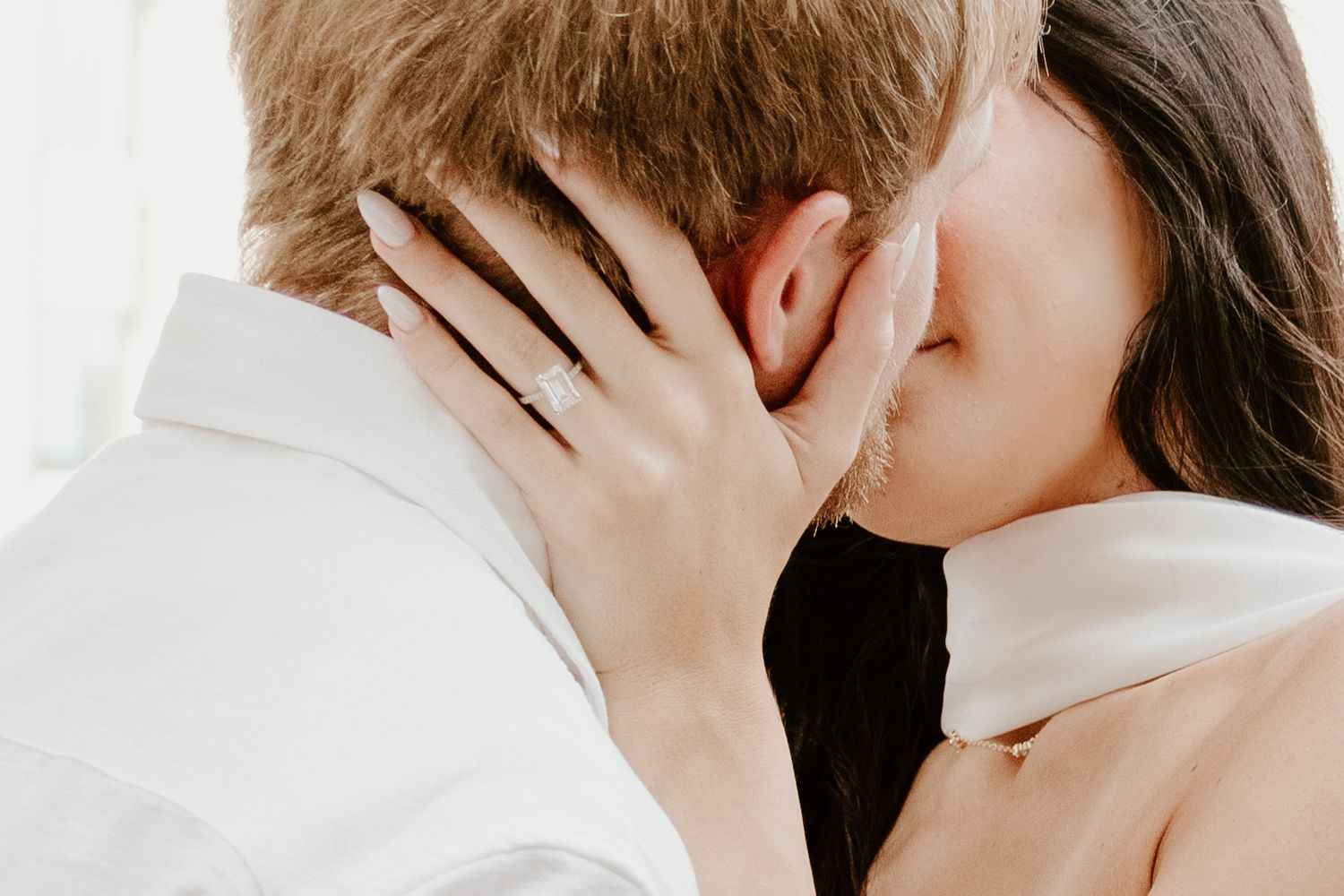 A romantic couple in white embraces and kisses in a series of intimate close-up photographs. Engagement photographer DFW