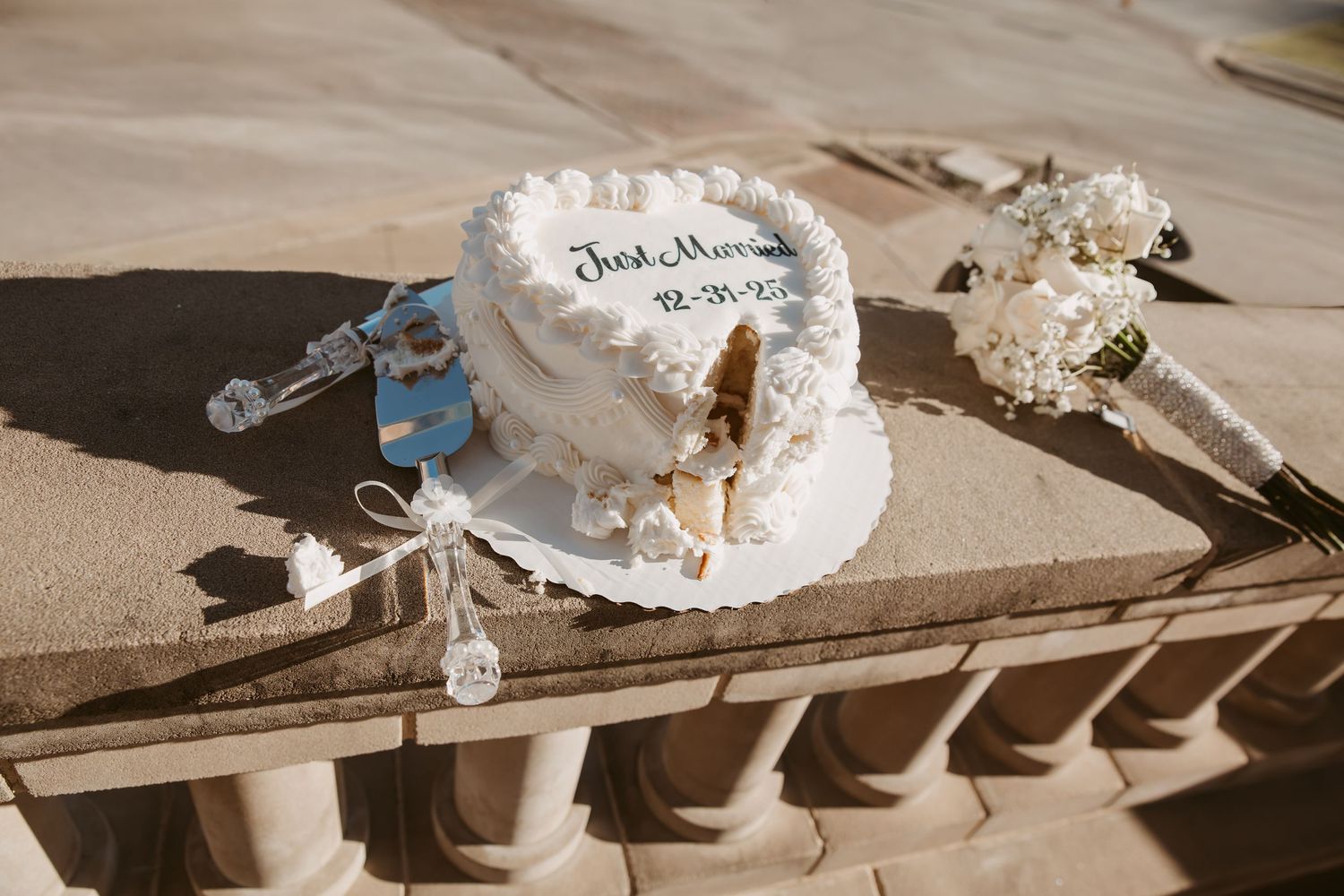 A series of photos showing a white cake being decorated with frosting and various tools on a wooden surface.