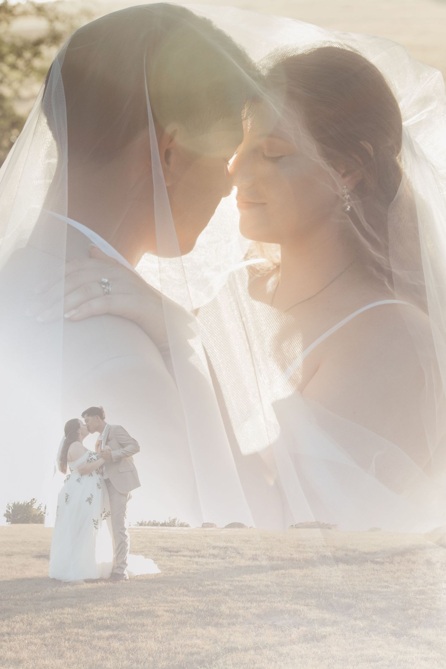Dreamy wedding photography collage showing five romantic moments between couple in soft sunlit tones.