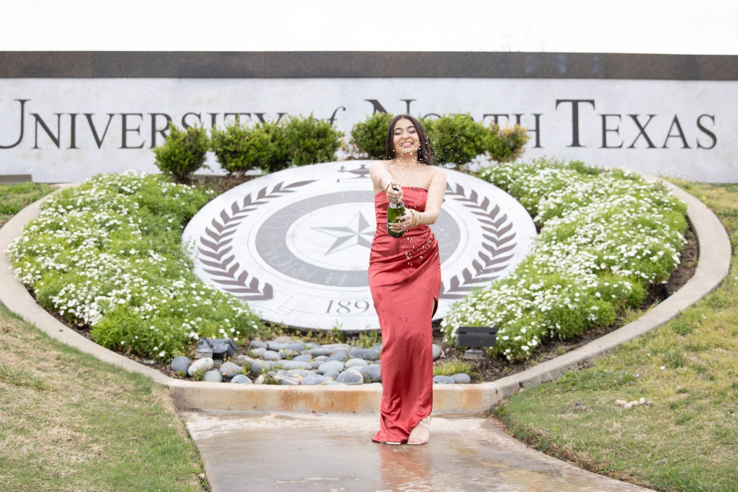 University of North Texas campus seal surrounded by white flowers and landscaping.