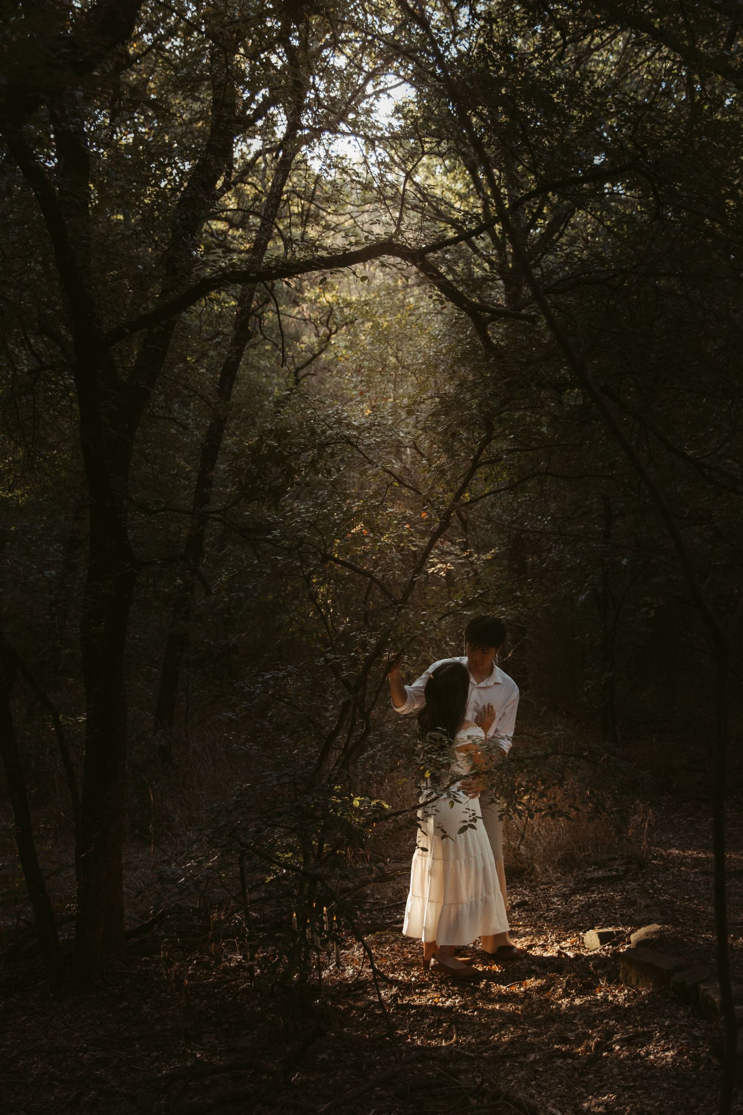 A sequence of dreamy forest photos showing a figure in a white dress walking through dappled sunlight and shadows.