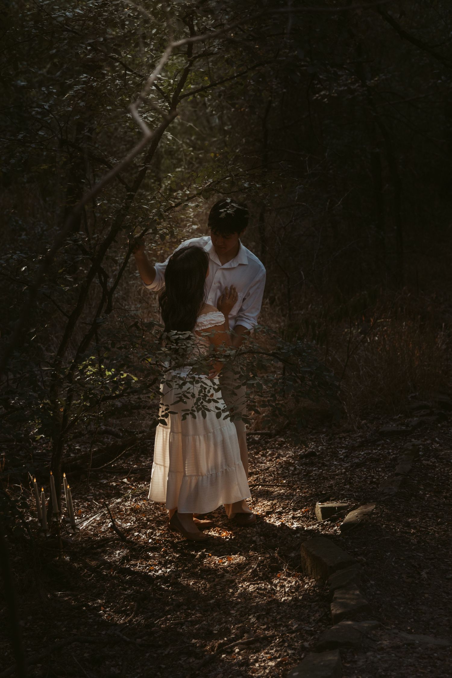 A couple embraces in a dark forest setting with rays of sunlight filtering through the trees.