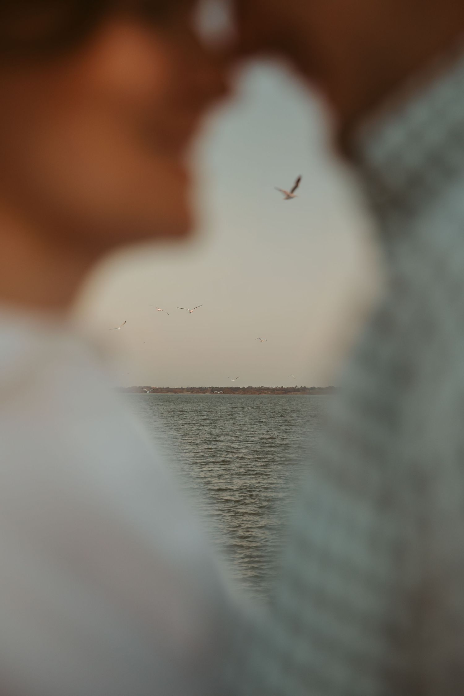 Romantic couple almost kissing with blurred bokeh foreground framing serene ocean view and seagulls in sky.