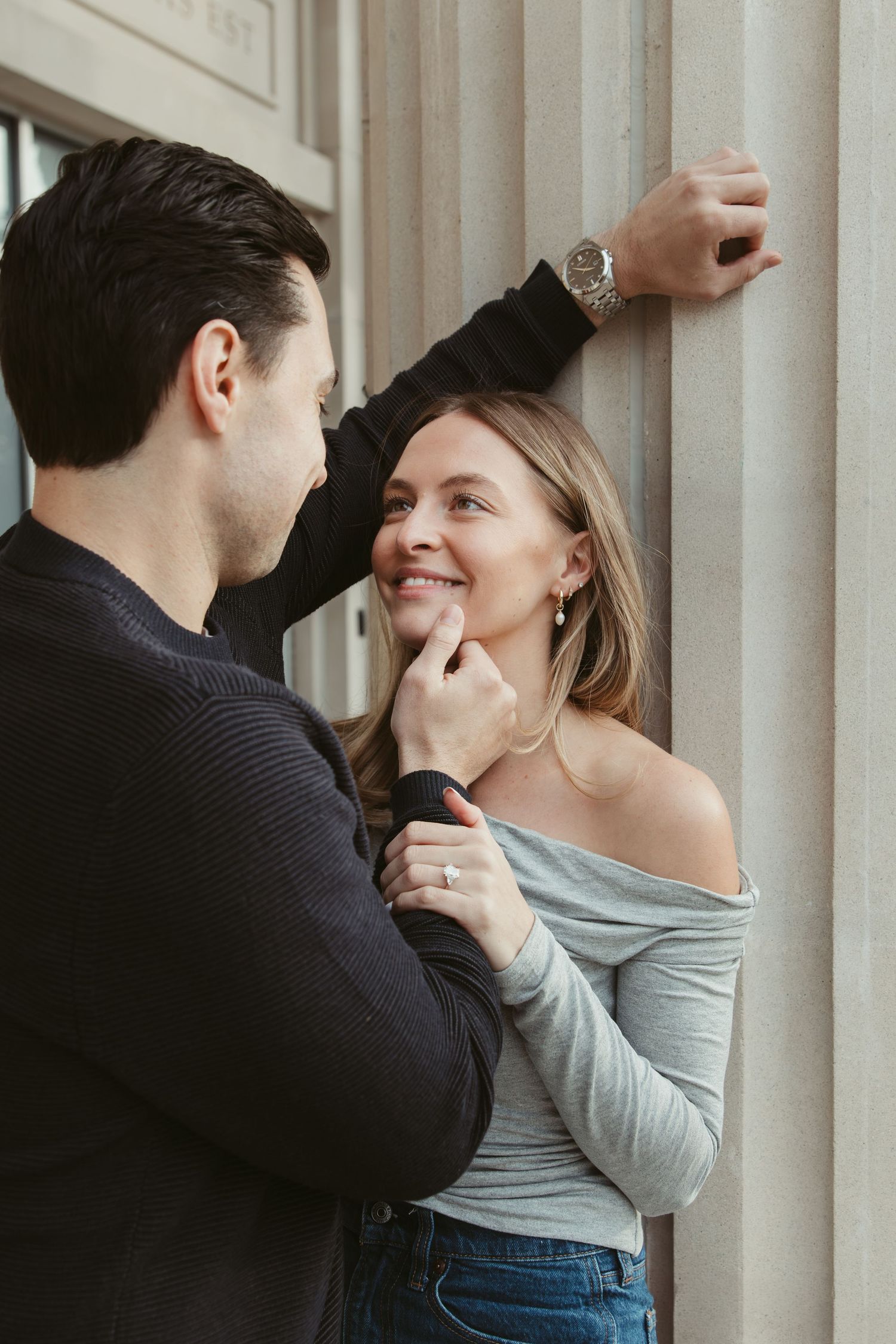 Candid engagement photos on TCU campus Fort Worth