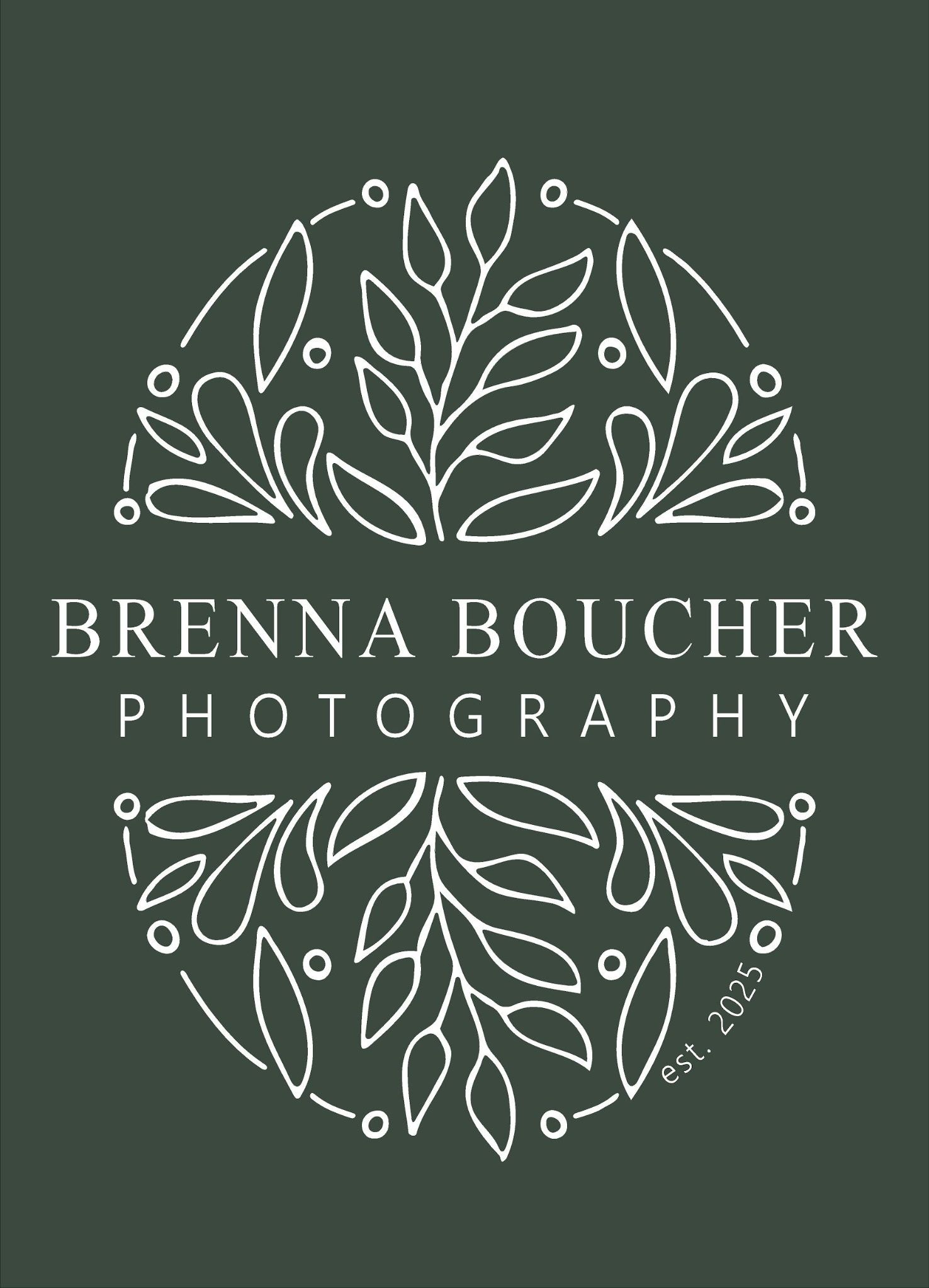 Botanical photography logo design for Brenna Boucher on dark green background.