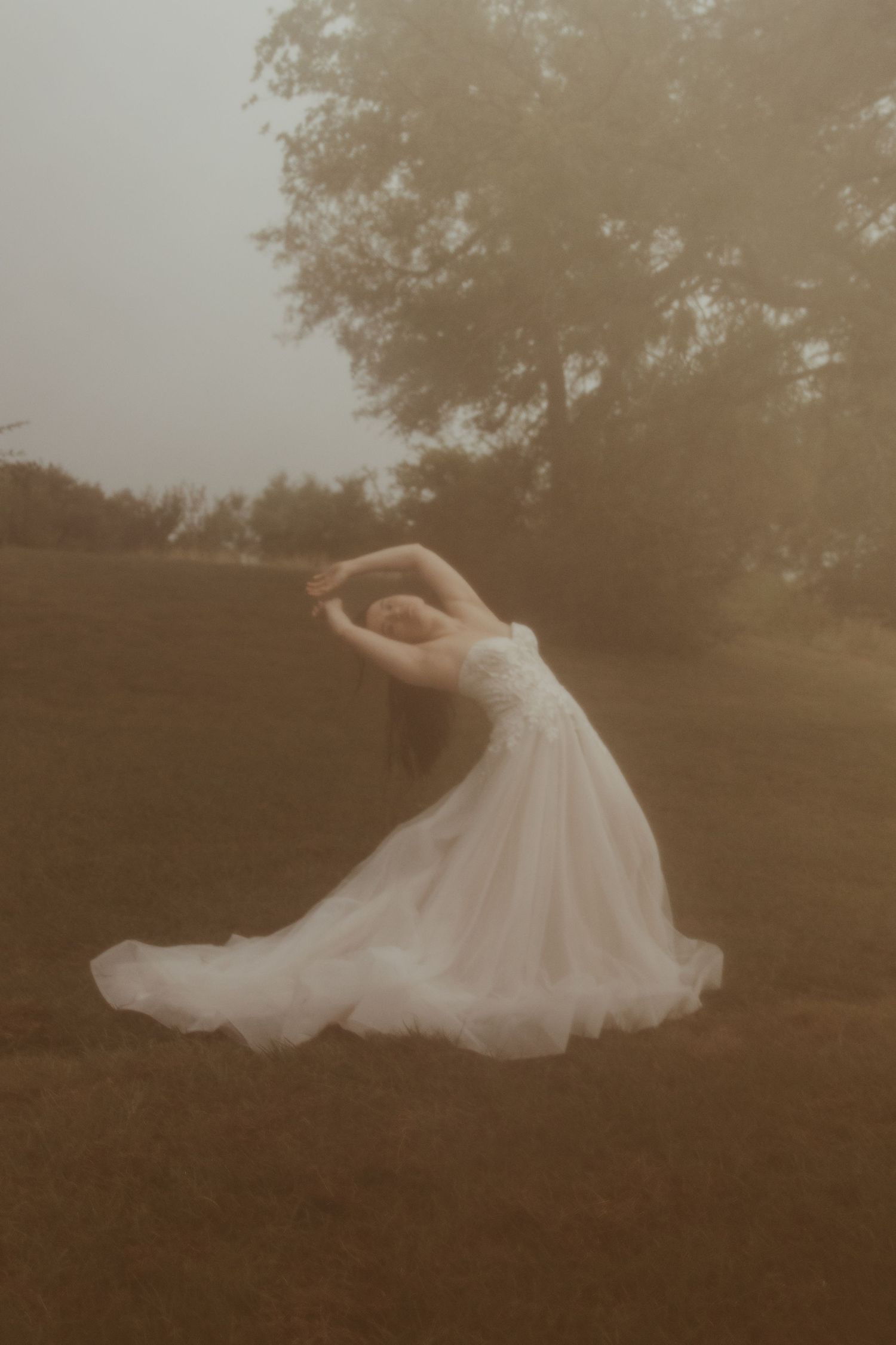 A dreamy outdoor photo sequence shows a figure in a flowing white wedding dress twirling in a misty field.