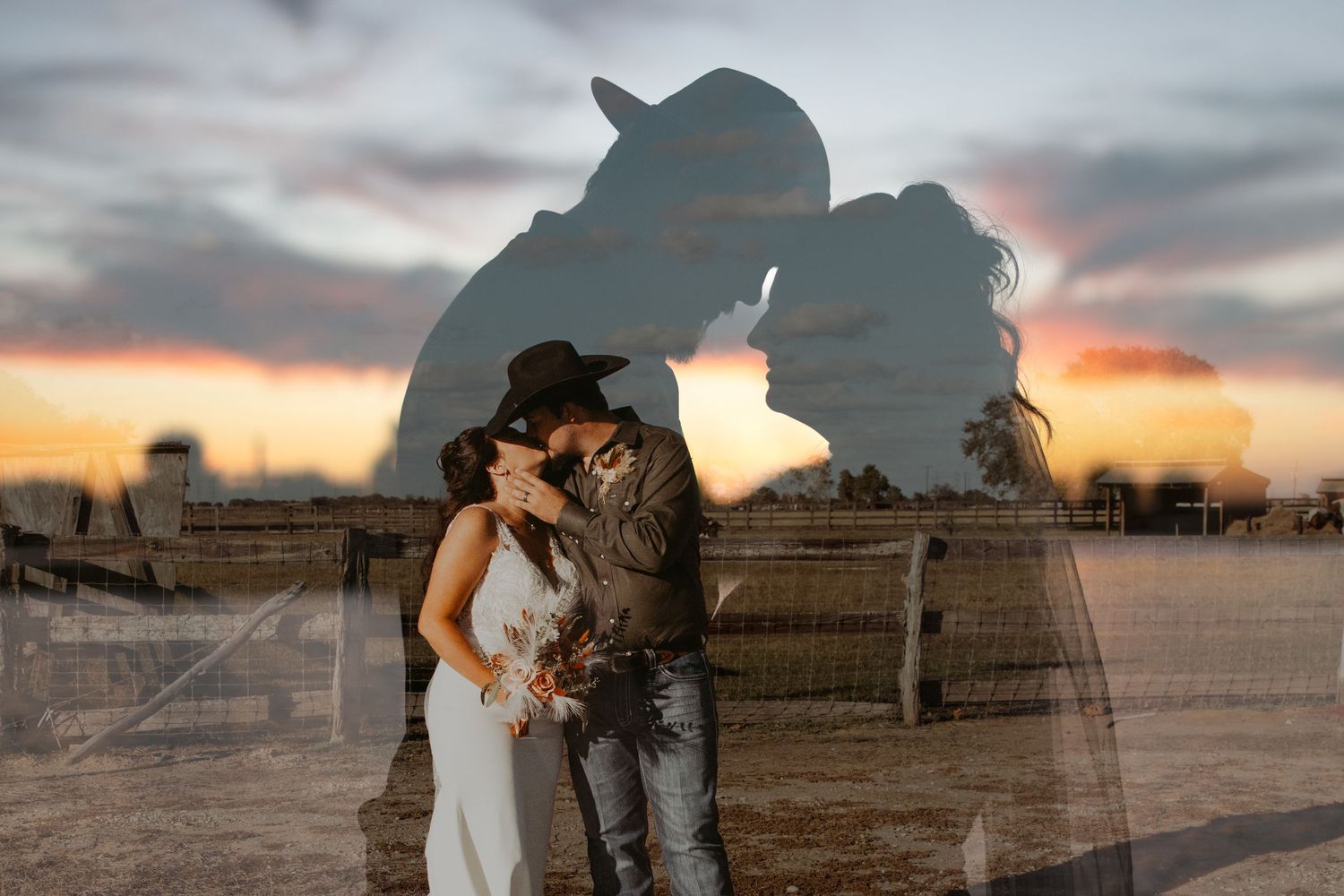 A romantic sunset silhouette of a couple embracing in a rustic outdoor setting with dramatic sky in the background. Wedding photographer DFW