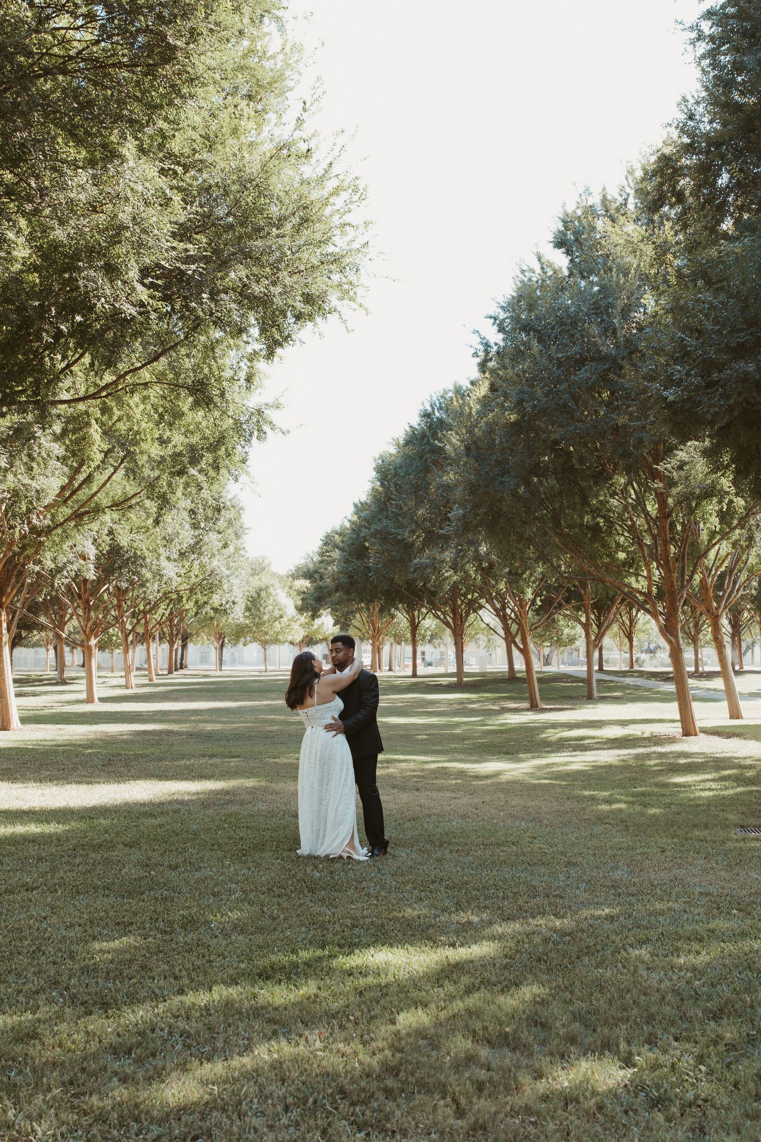 Wide landscape shot of couple in formal wear standing among rows of trees. Wedding Photographer DFW